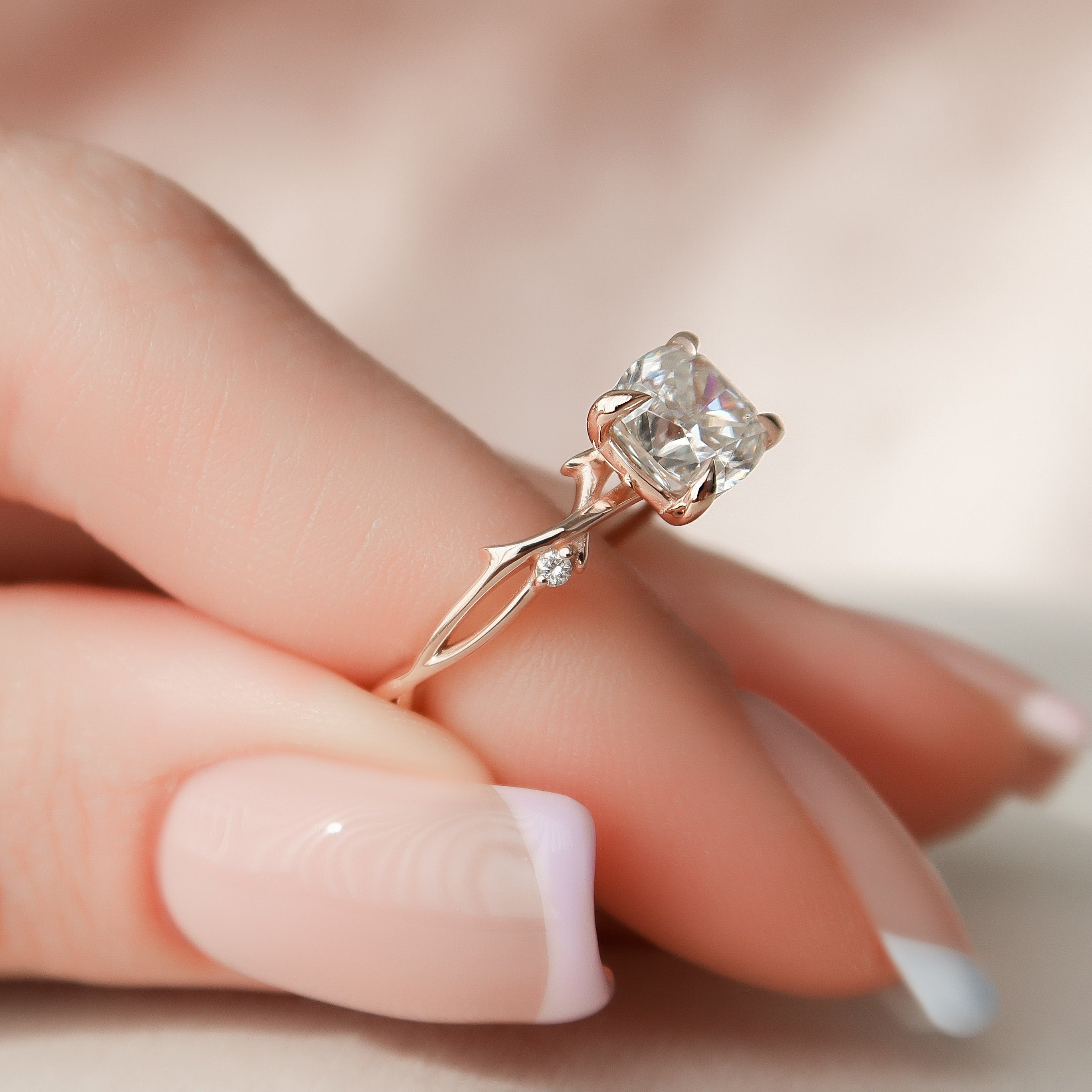 1.50 CT Cushion Cut Nature Inspired Moissanite Engagement Ring
