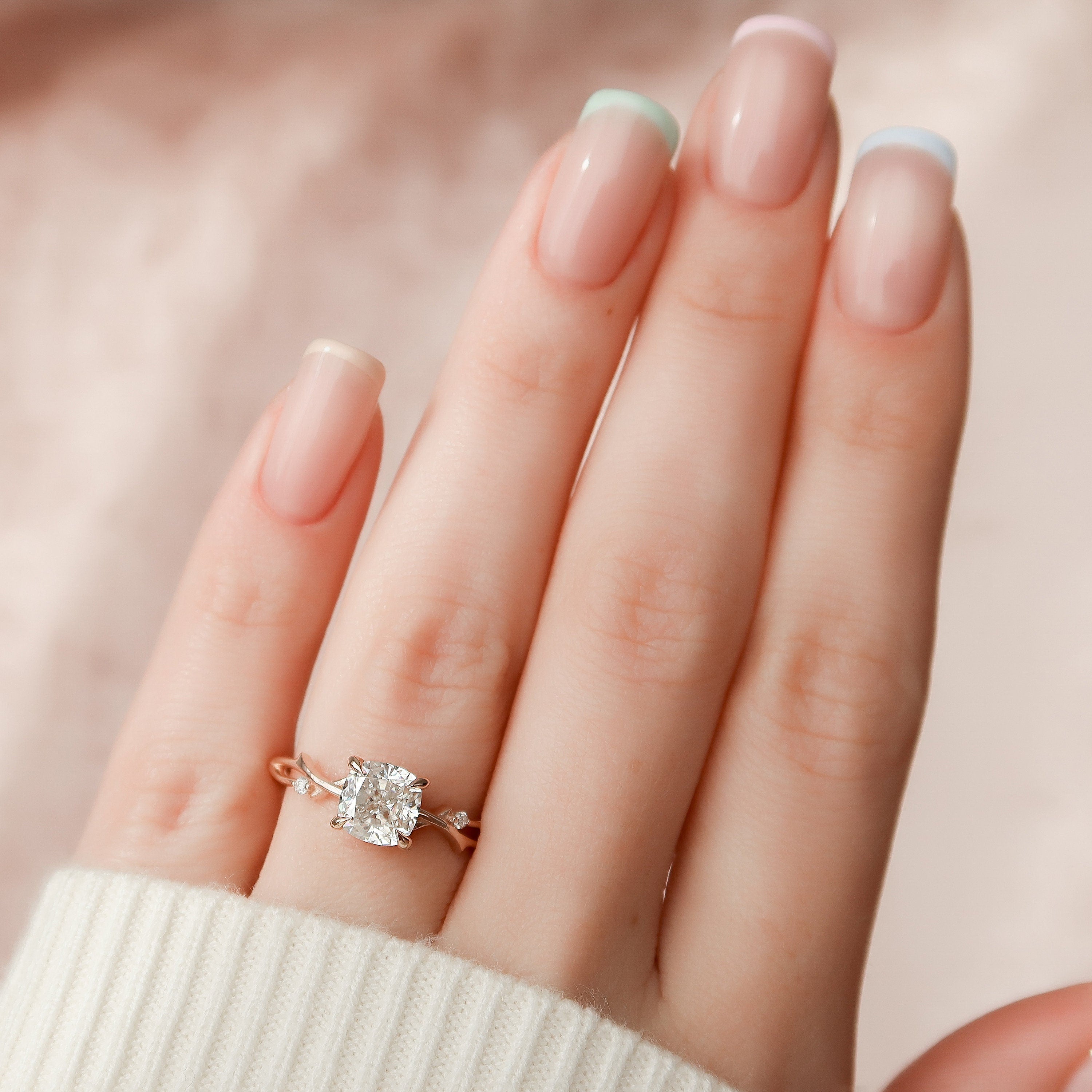 1.50 CT Cushion Cut Nature Inspired Moissanite Engagement Ring