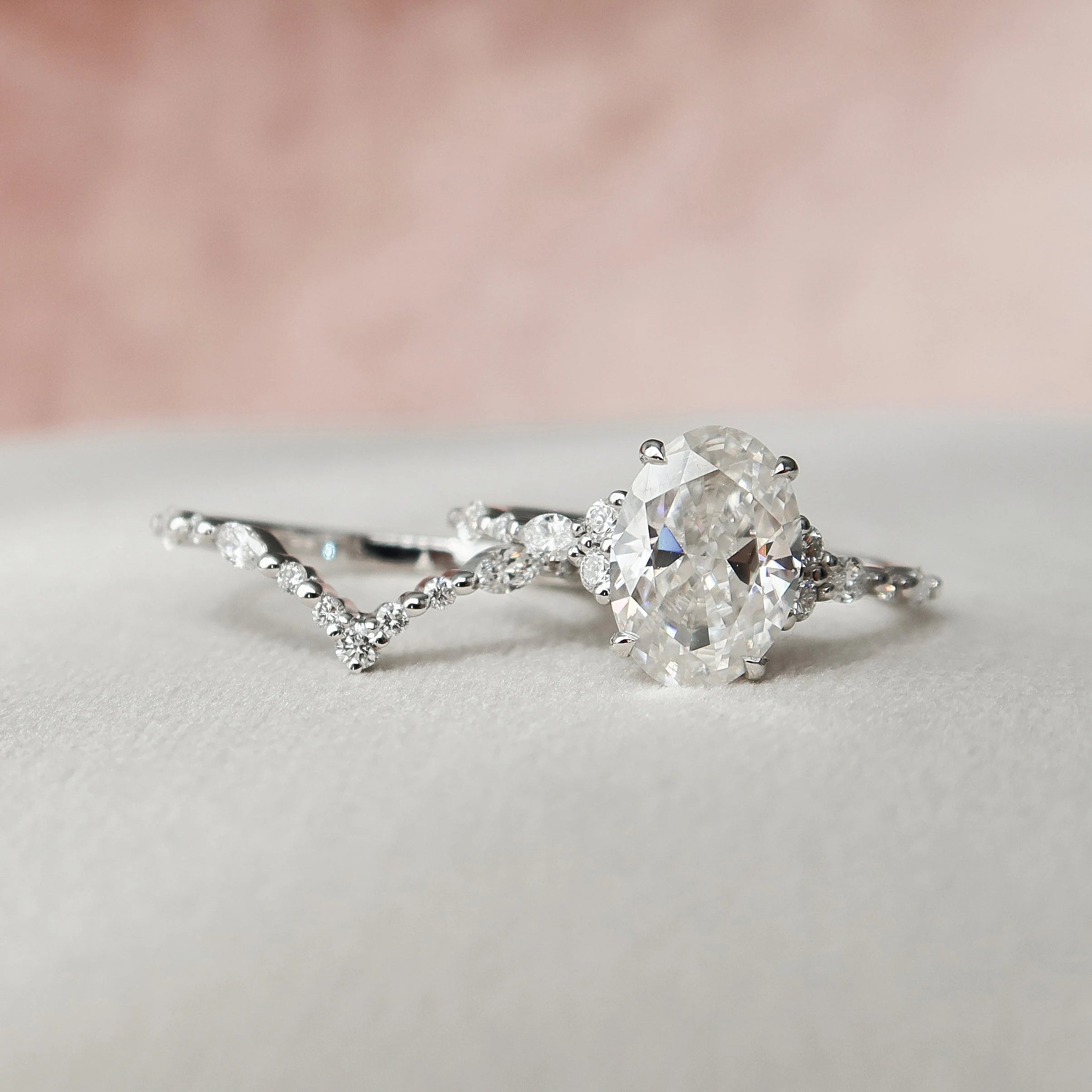 3.0CT Oval Cut Moissanite Cluster Bridal Ring Set
