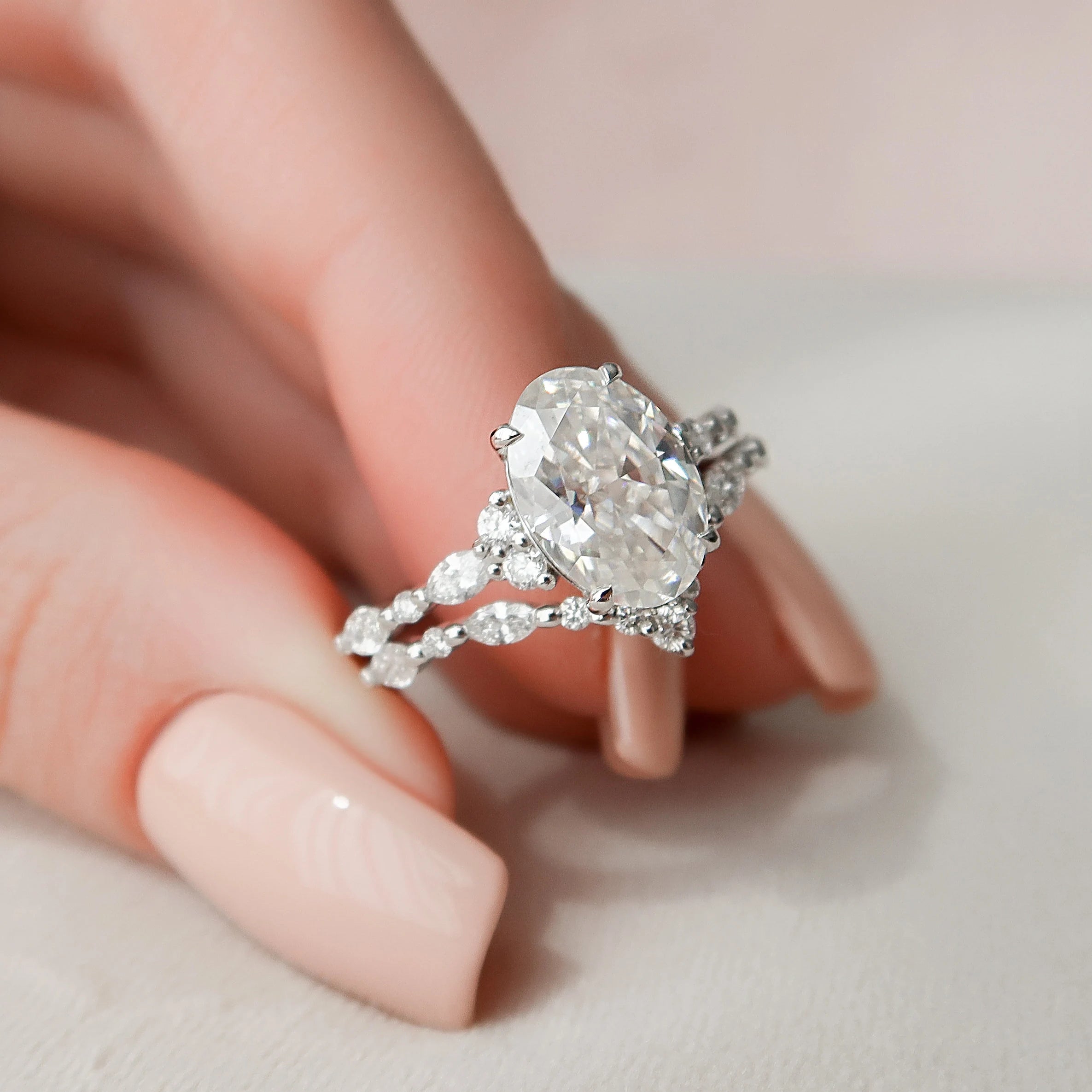 3.0CT Oval Cut Moissanite Cluster Bridal Ring Set