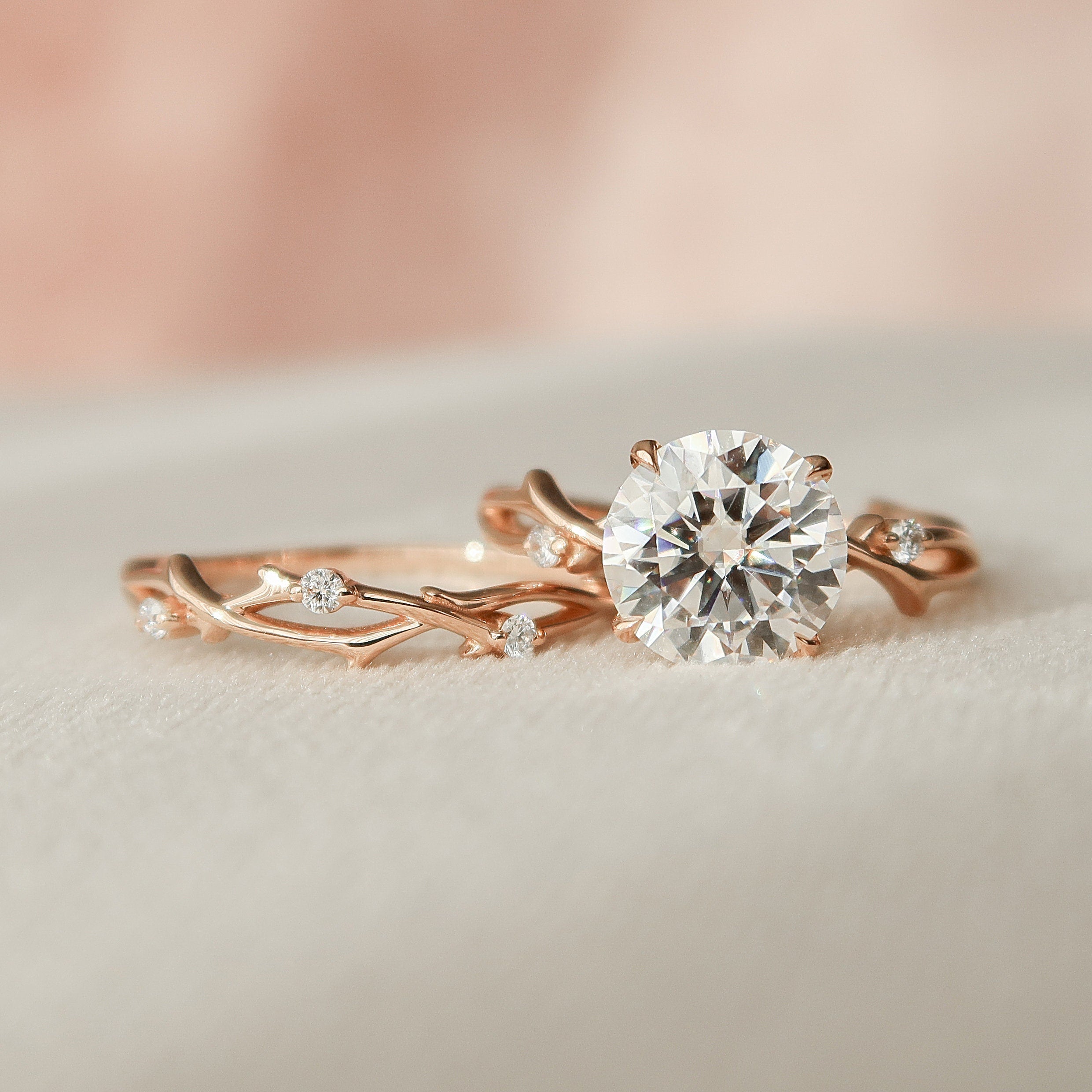 2.0CT Round Cut Moissanite Twig Nature Inspired Bridal Ring Set
