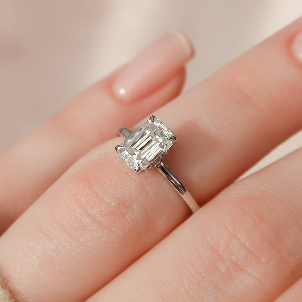 1.50 CT Emerald Cut Hidden Halo Style Moissanite Engagement Ring