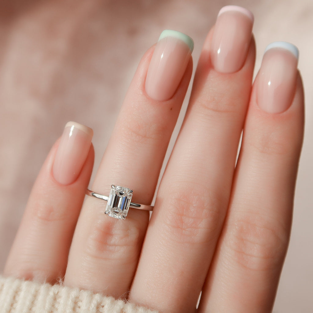 1.50 CT Emerald Cut Hidden Halo Style Moissanite Engagement Ring