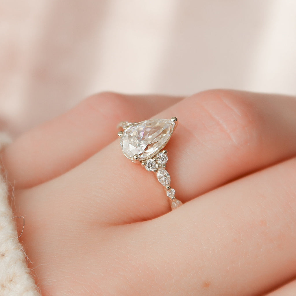 1.50 CT Pear Shaped Moissanite Cluster Engagement Ring