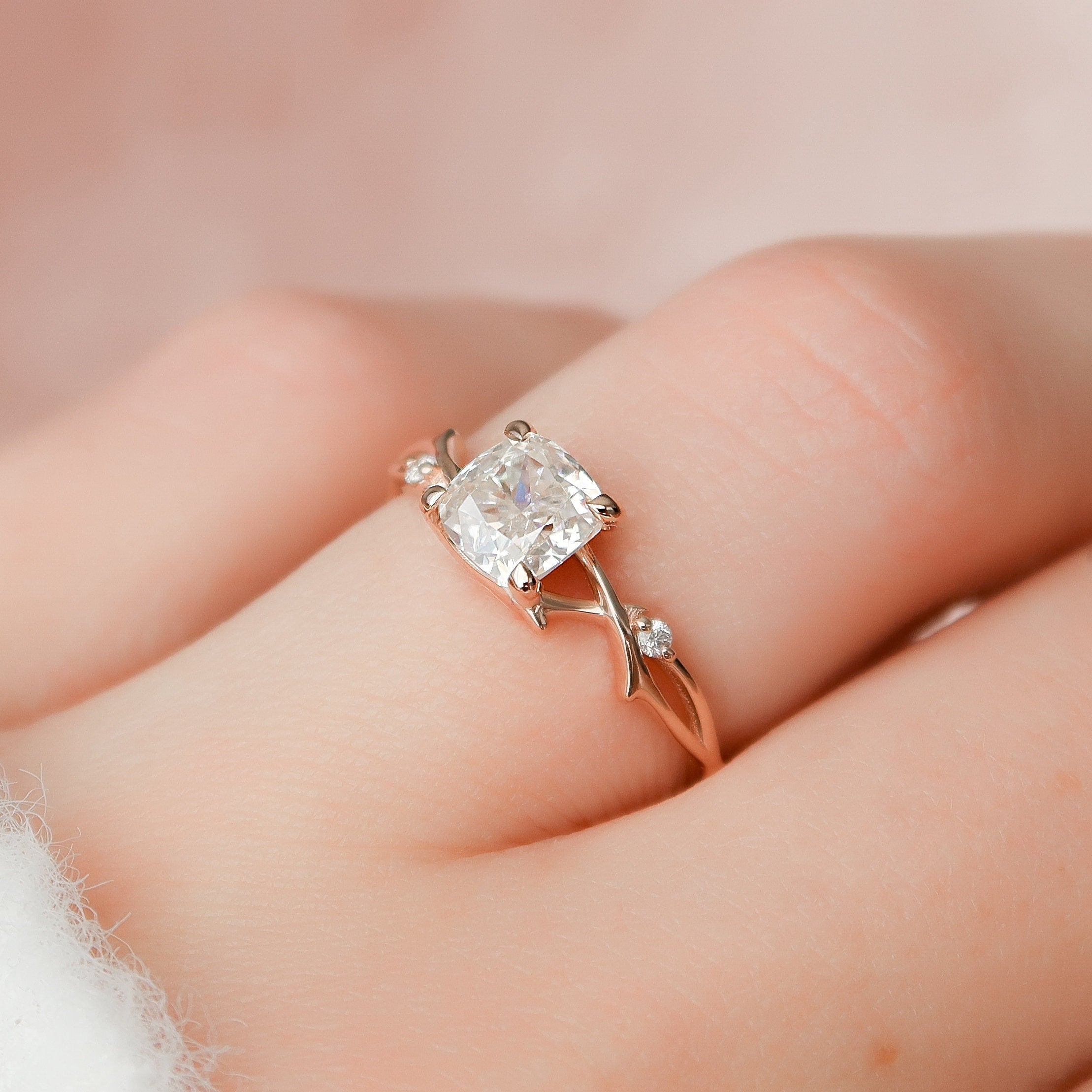 1.0 CT Cushion Cut Nature Inspired Moissanite Engagement Ring
