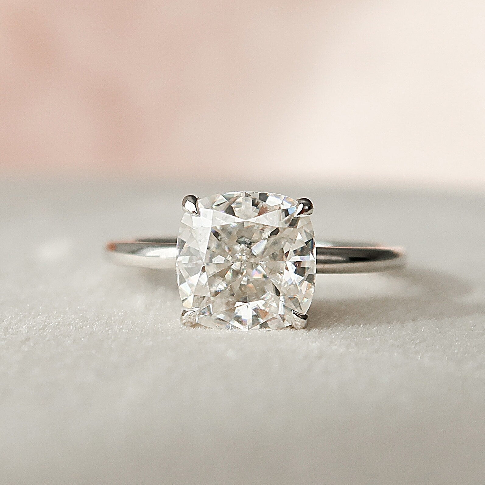 2.0 CT Cushion Cut Moissanite Hidden Halo Engagement Ring