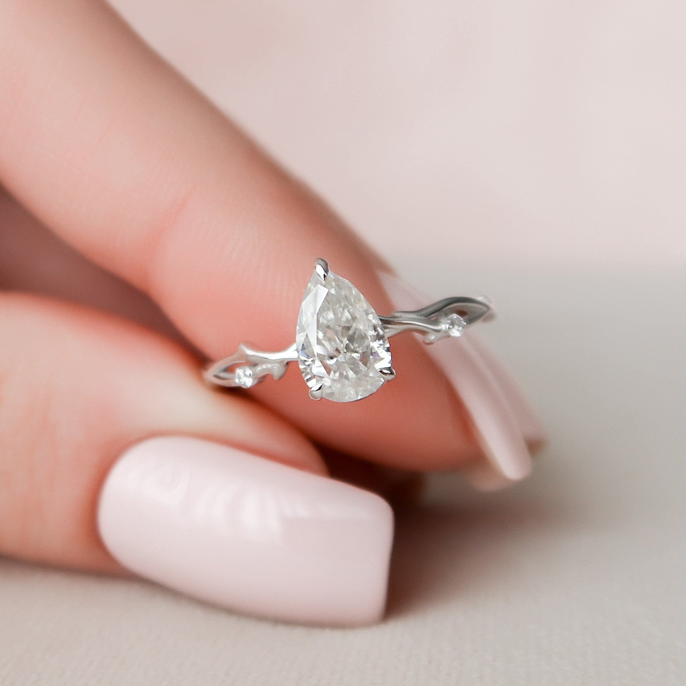 1.0 CT Pear Cut Twig Nature Inspired Moissanite Engagement Ring