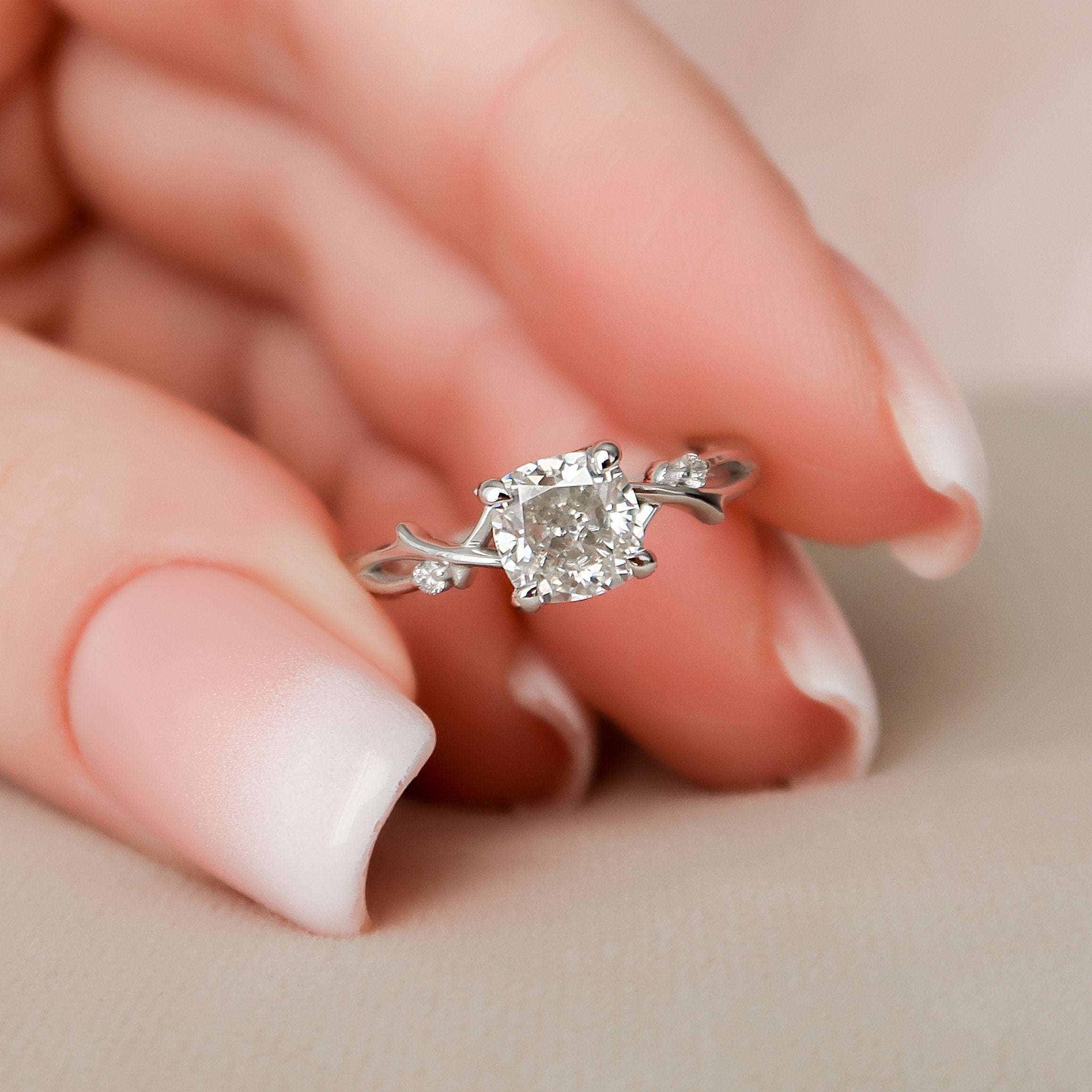 1.0 CT Cushion Cut Nature Inspired Moissanite Engagement Ring