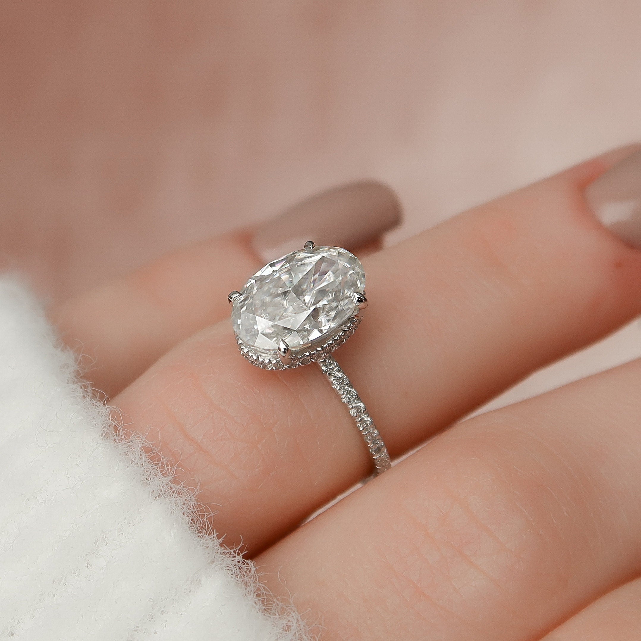 3.0 CT Oval Moissanite Hidden Halo Pave Engagement Ring
