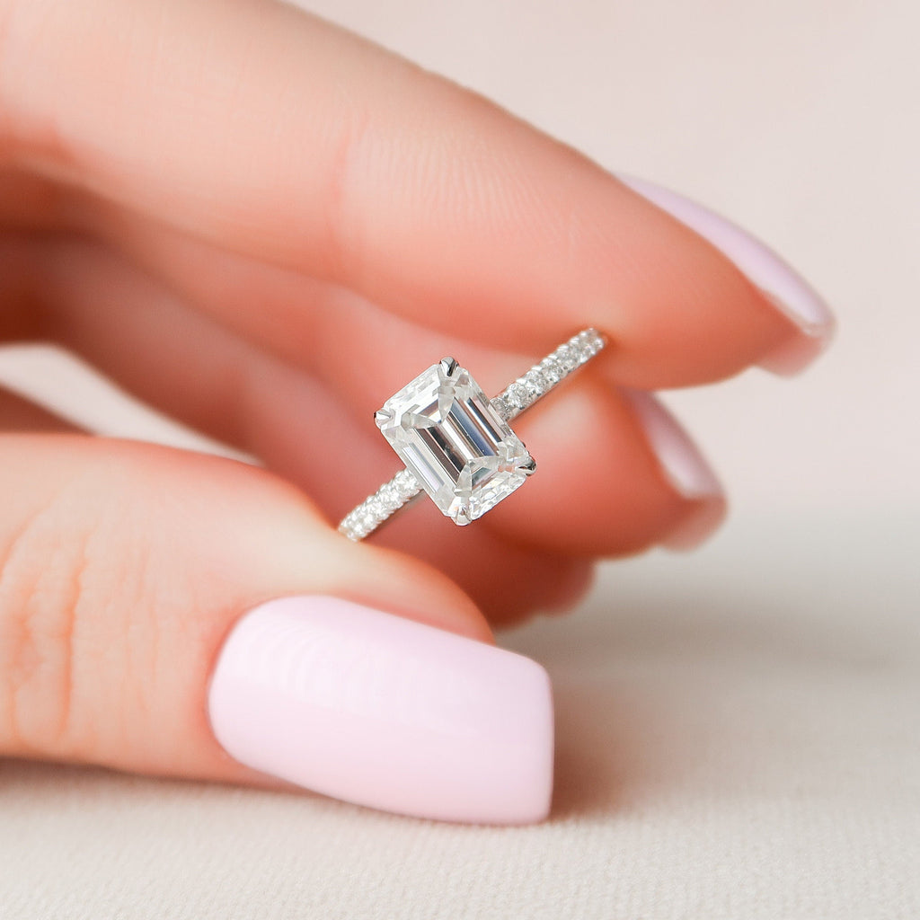 1.50 CT Emerald Cut Pave Style Moissanite Engagement Ring