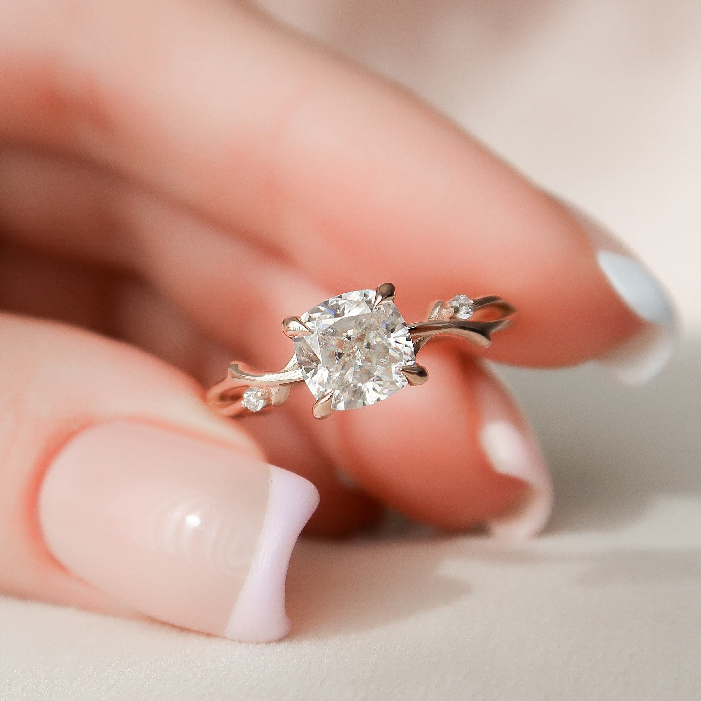 1.50 CT Cushion Cut Nature Inspired Moissanite Engagement Ring