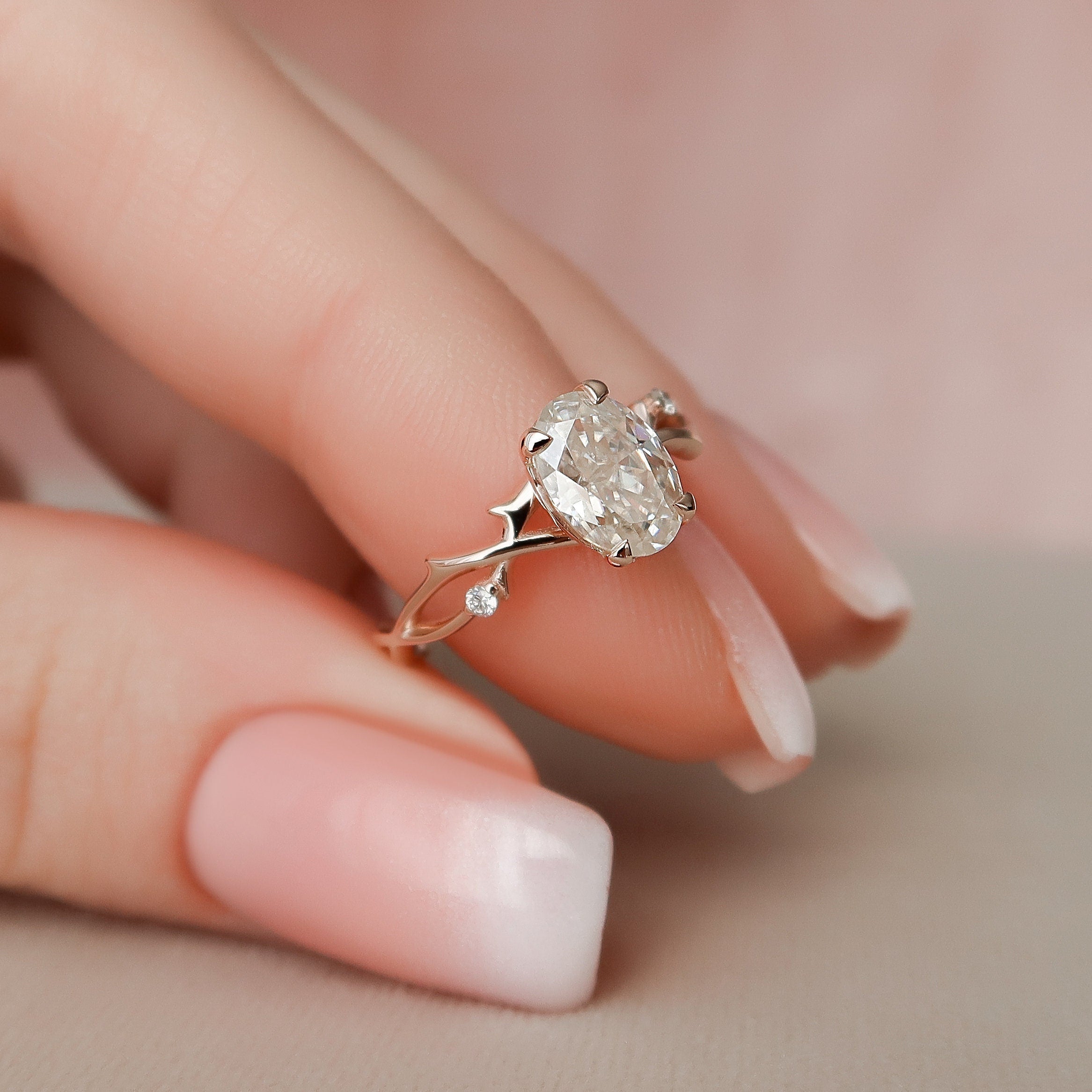 1.0 CT Oval Cut Twig Moissanite Nature Inspired Engagement Ring