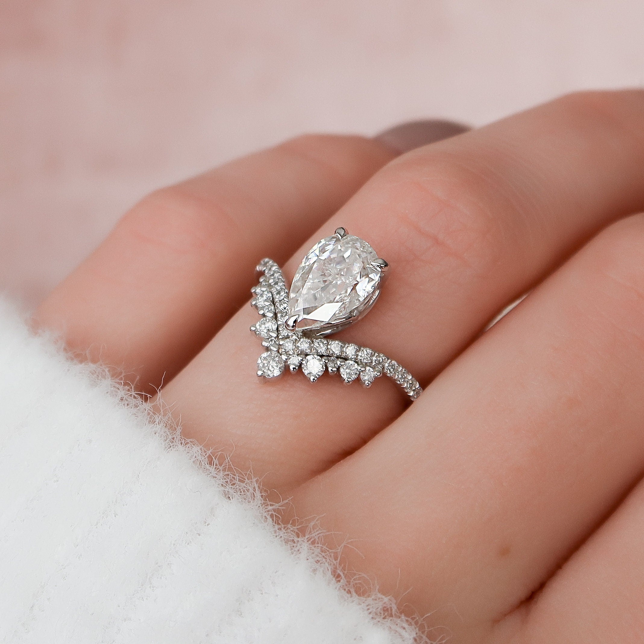 1.50 CT Pear Shaped Moissanite Cluster Engagement Ring