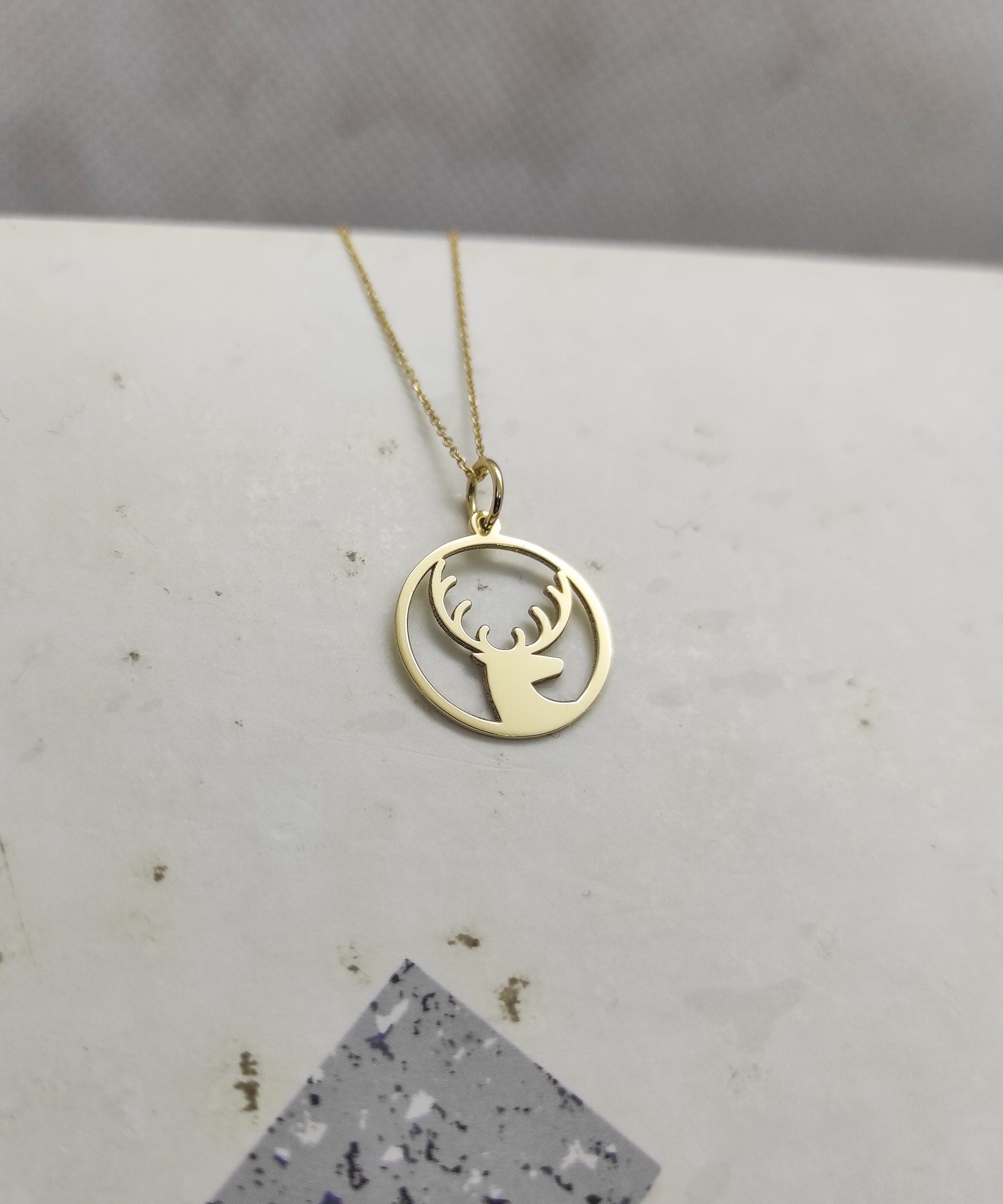 Solid Plain Gold Wild Deer Pendant Necklace