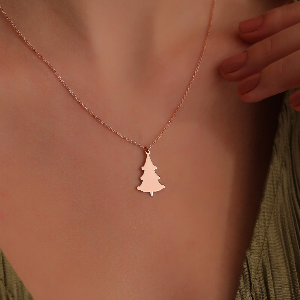 Solid Gold Plain Minimalist Xmas Tree Charm Pendant Necklace