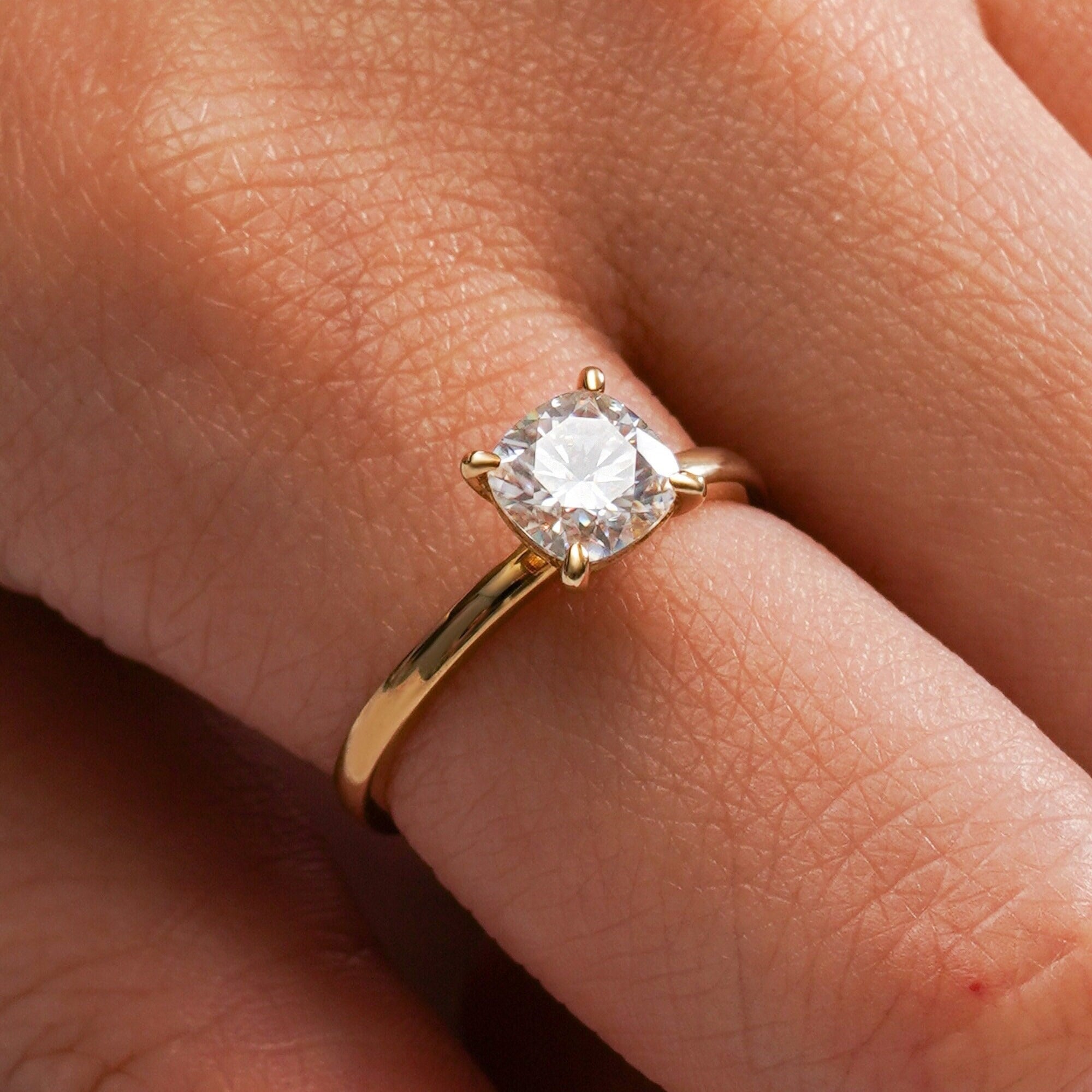Solid Gold Cushion Cut Moissanite Engagement Ring, Anniversary Gift