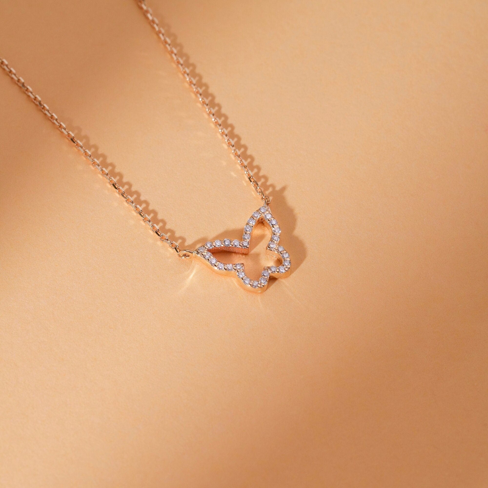 0.07 TCW Round Cut Butterfly Moissanite Diamond Necklace