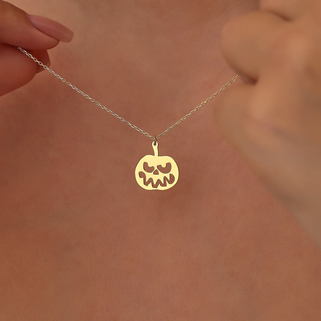 Solid Plain Gold Halloween Pumpkin Pendant Necklace