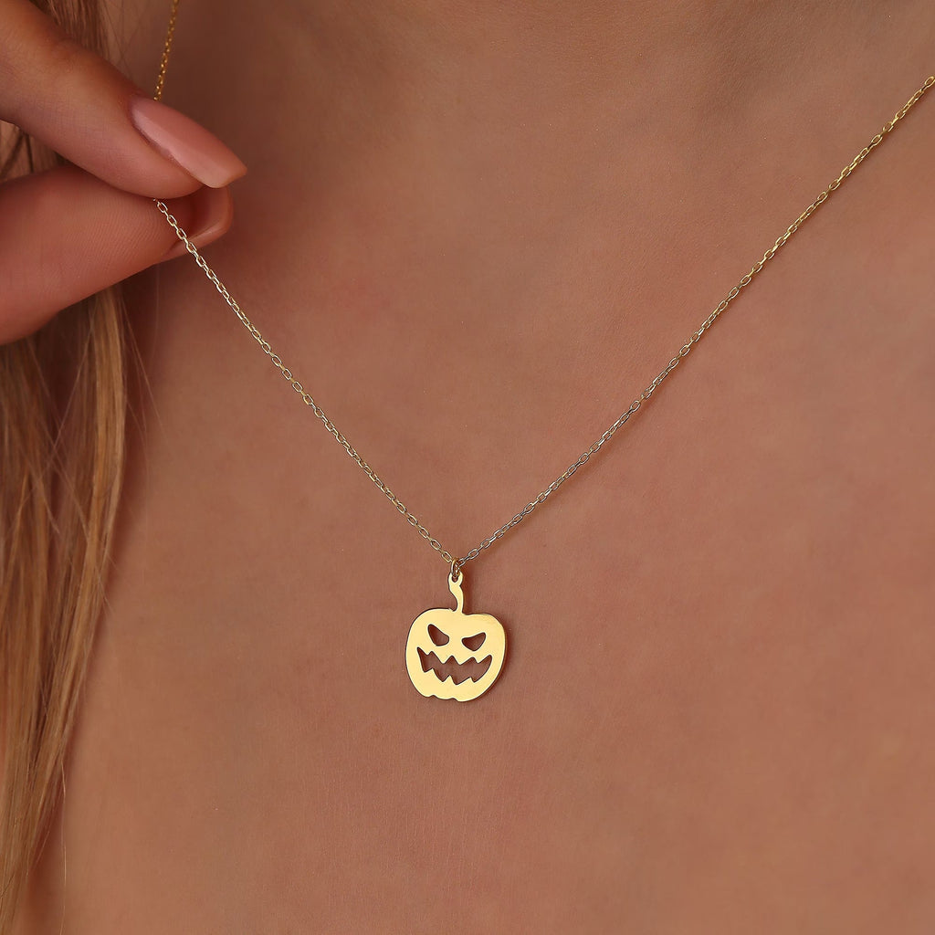Solid Plain Gold Halloween Pumpkin Pendant Necklace