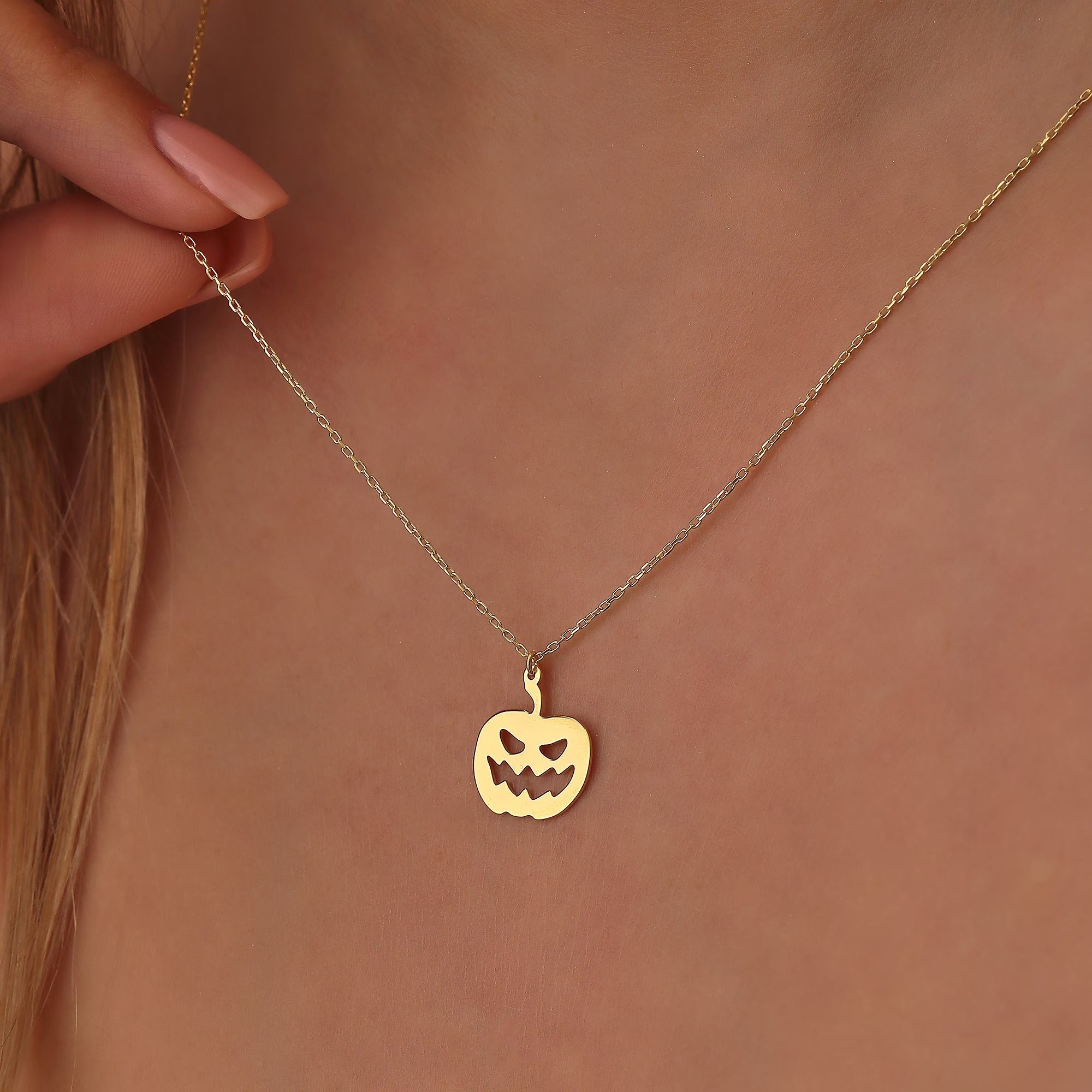 Solid Plain Gold Halloween Pumpkin Pendant Necklace