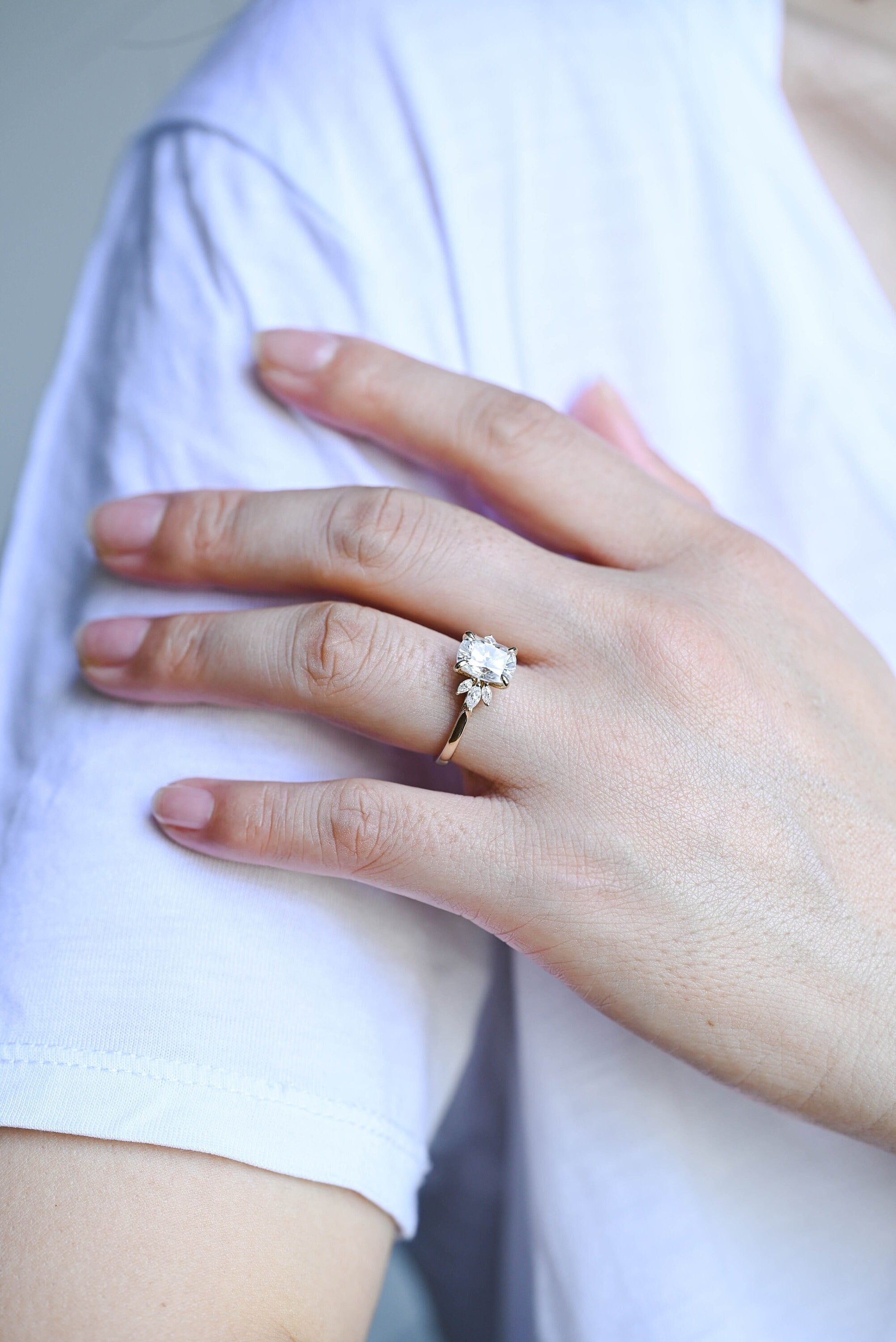 Solid Gold Elongated Cushion Moissanite Engagement Ring, Promise Ring