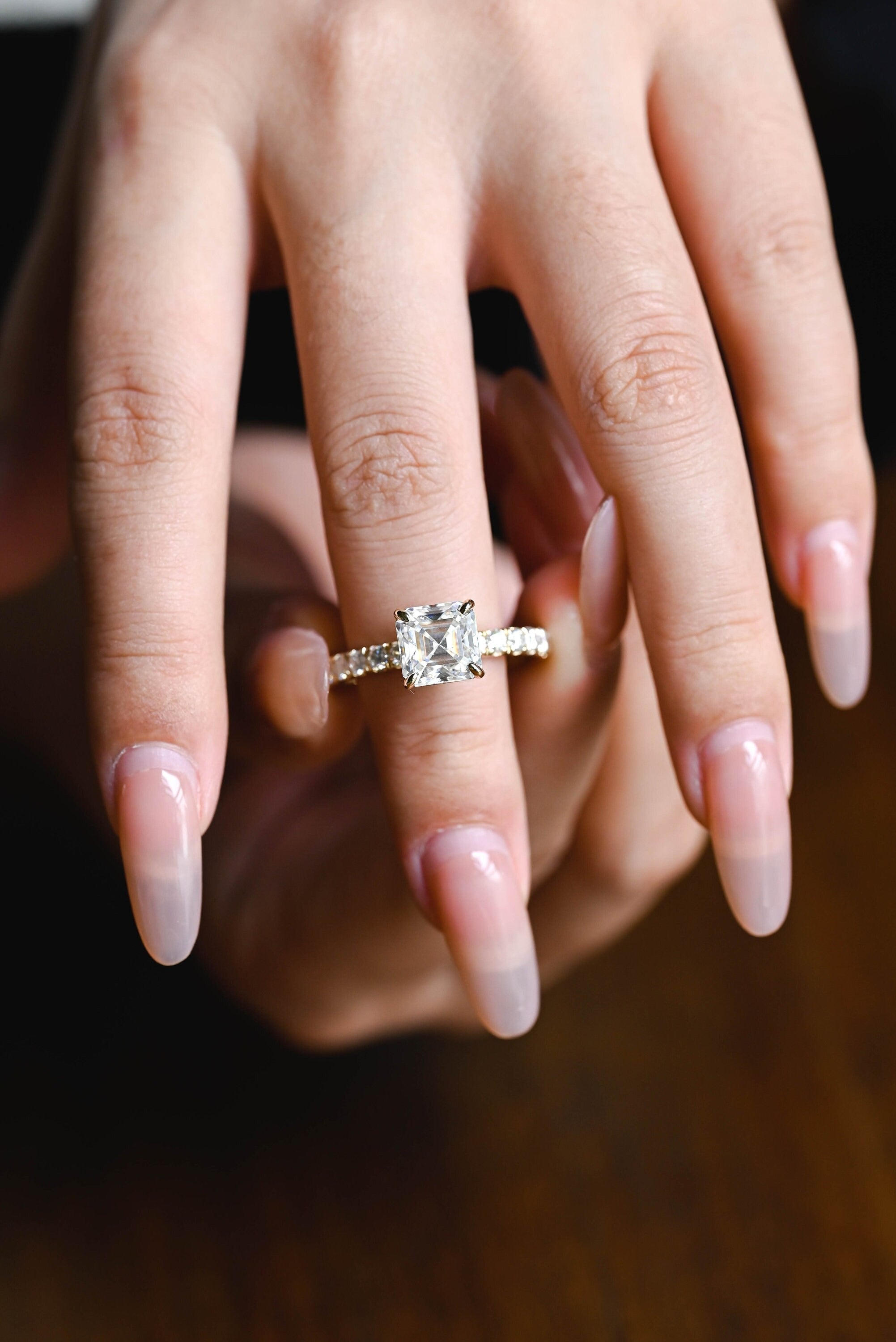 Solid Gold Asscher Cut Moissanite Engagement Ring, Promise Ring Secondary image