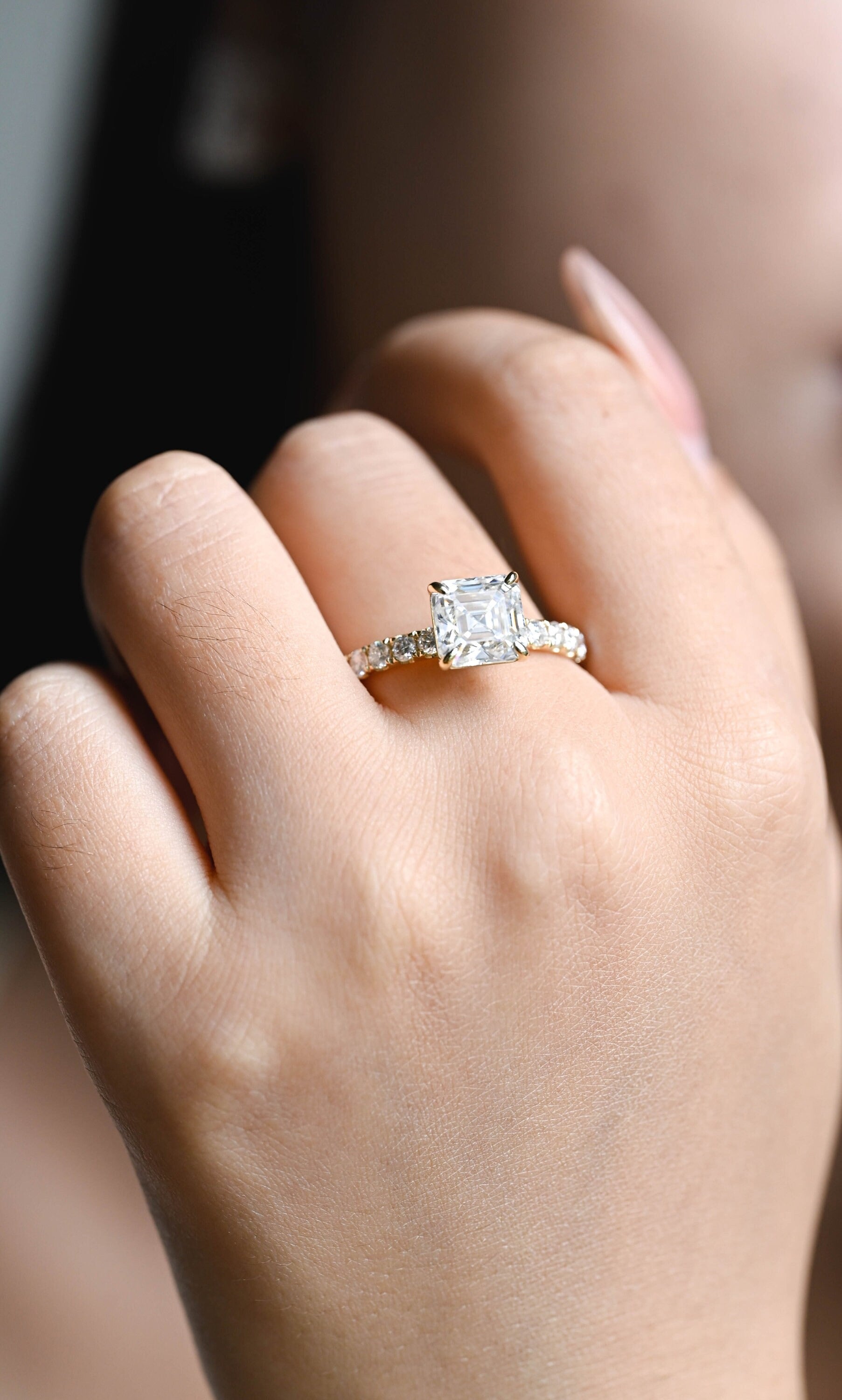 Solid Gold Asscher Cut Moissanite Engagement Ring, Promise Ring