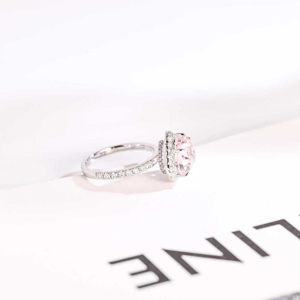 Solid Gold Heart Cut Pink Sapphire Engagement Ring with Double Halo, Statement Ring