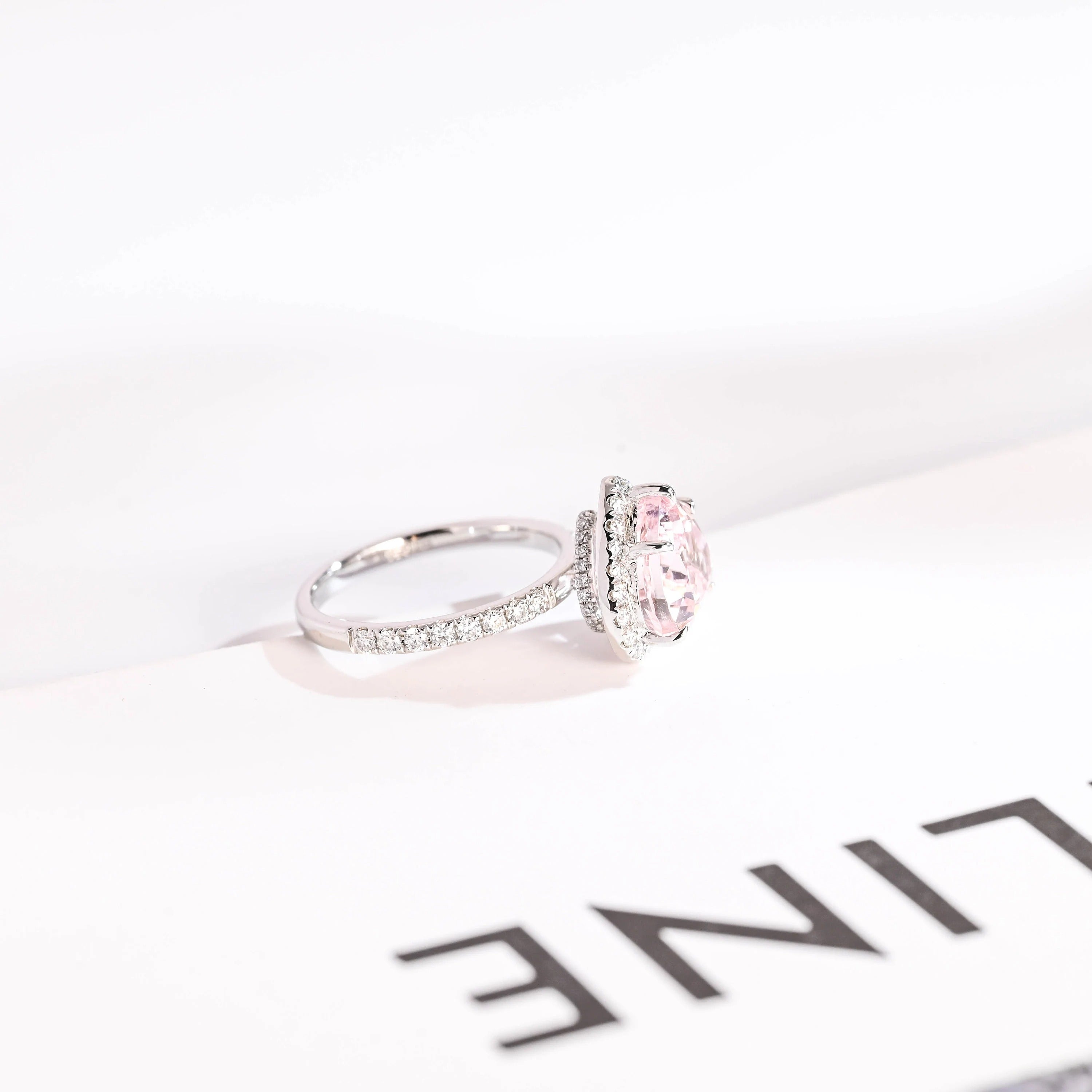 Solid Gold Heart Cut Pink Sapphire Engagement Ring with Double Halo, Statement Ring
