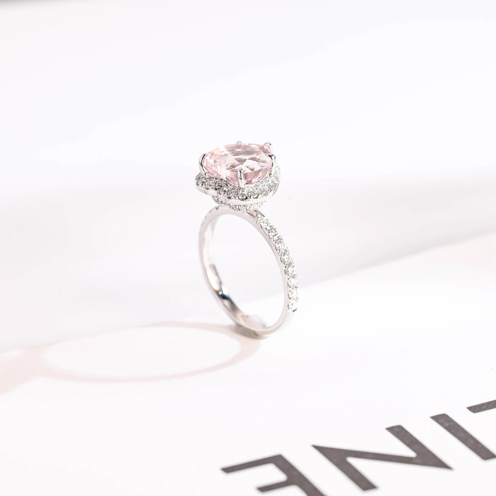 Solid Gold Heart Cut Pink Sapphire Engagement Ring with Double Halo, Statement Ring