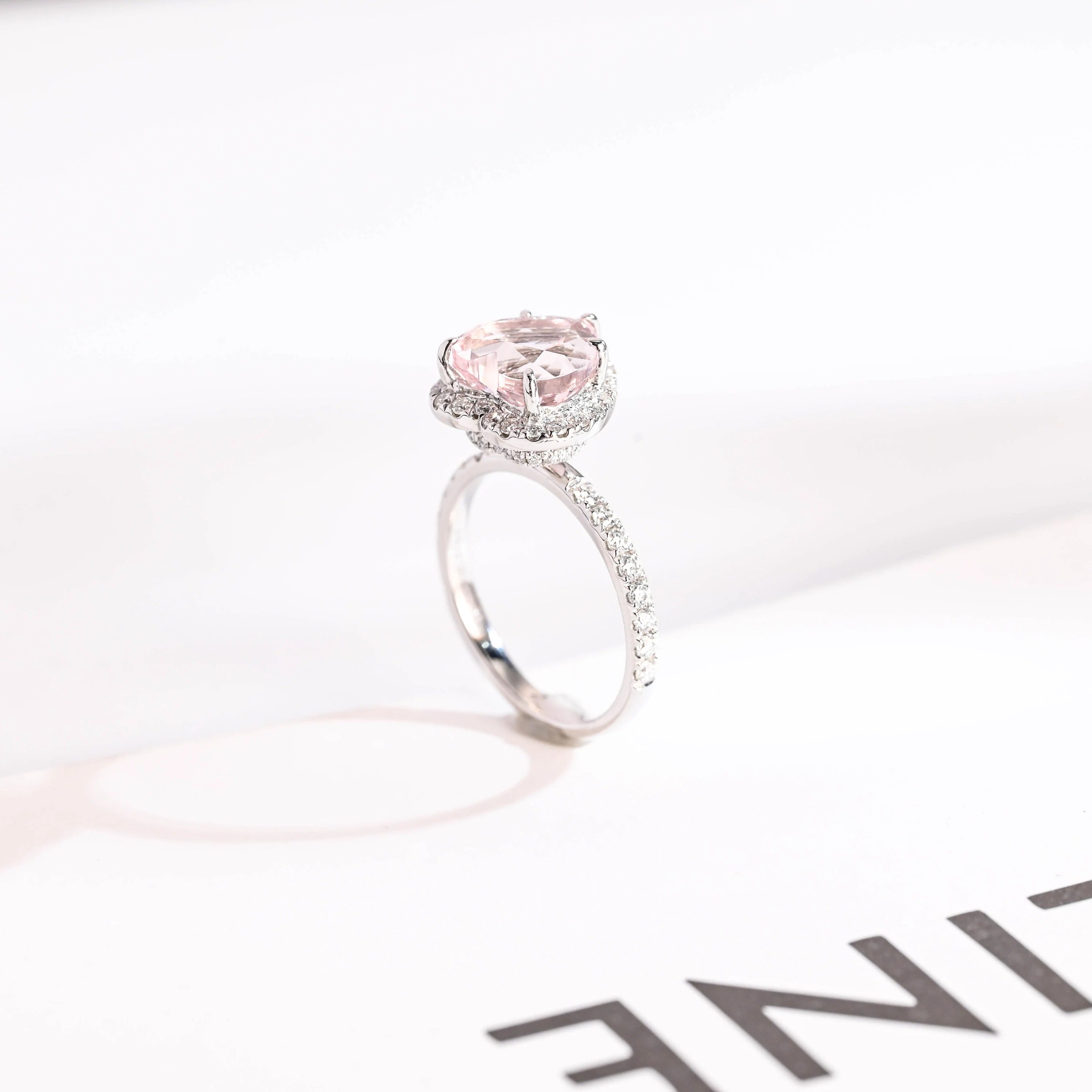 Solid Gold Heart Cut Pink Sapphire Engagement Ring with Double Halo, Statement Ring