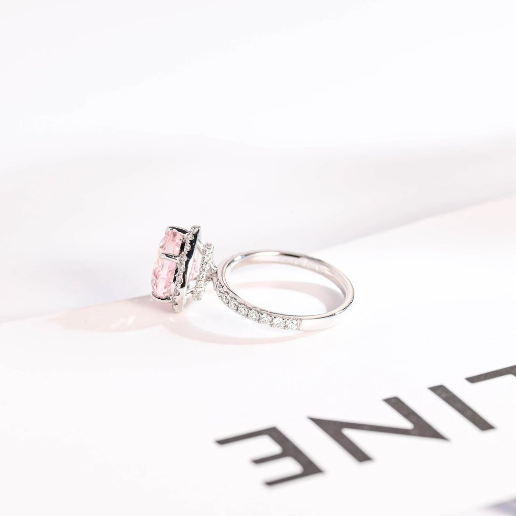 Solid Gold Heart Cut Pink Sapphire Engagement Ring with Double Halo, Statement Ring