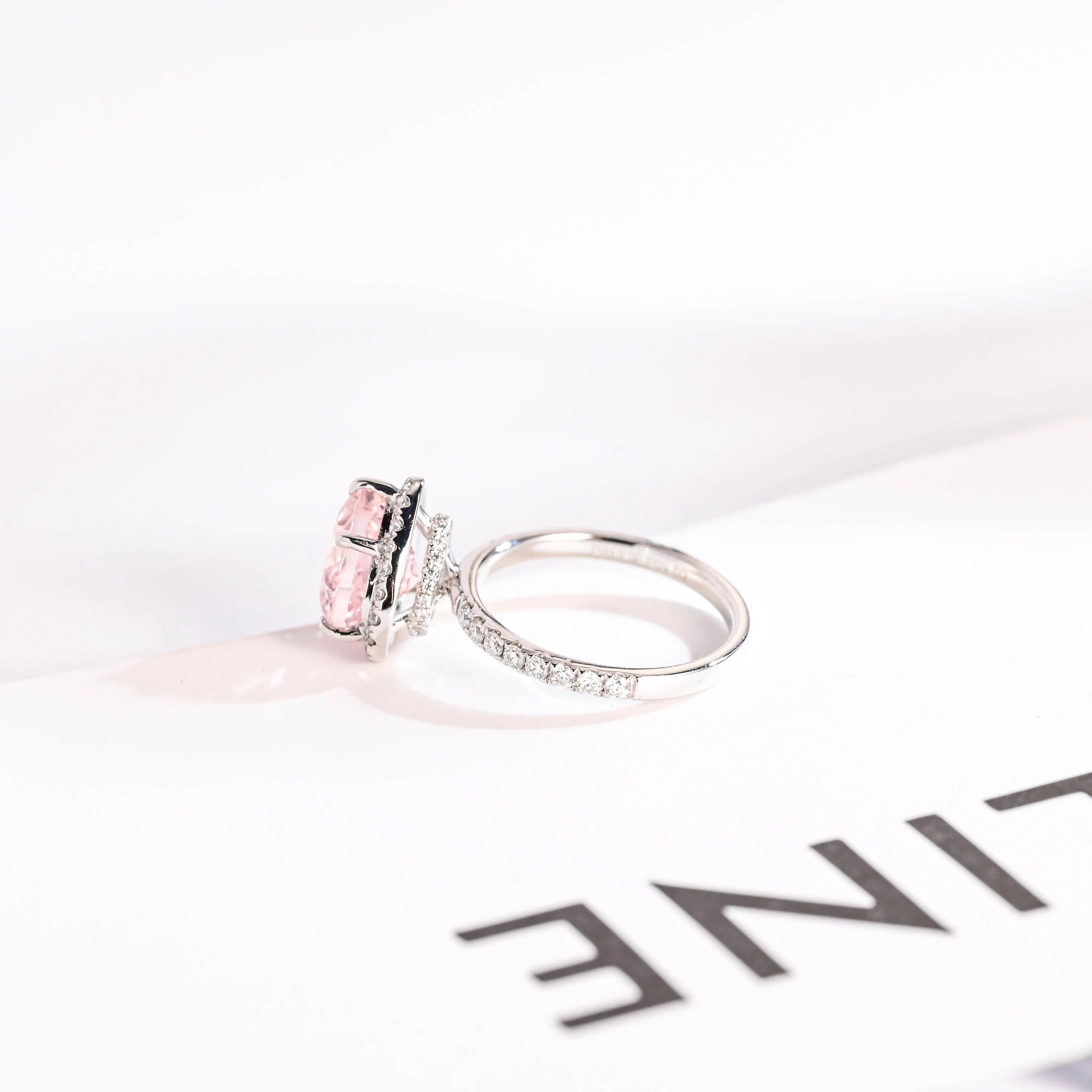 Solid Gold Heart Cut Pink Sapphire Engagement Ring with Double Halo, Statement Ring