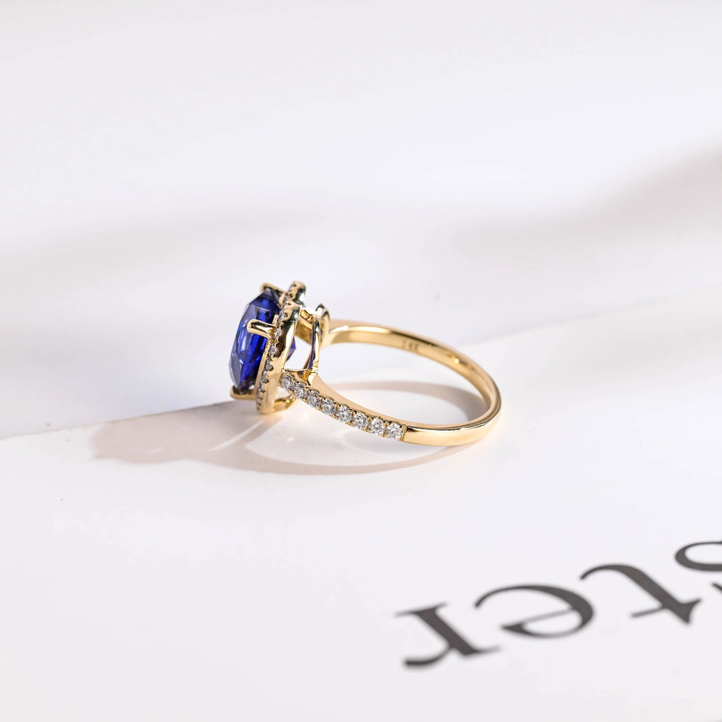 Solid Gold Heart Cut Moissanite Sapphire Engagement Ring with Halo