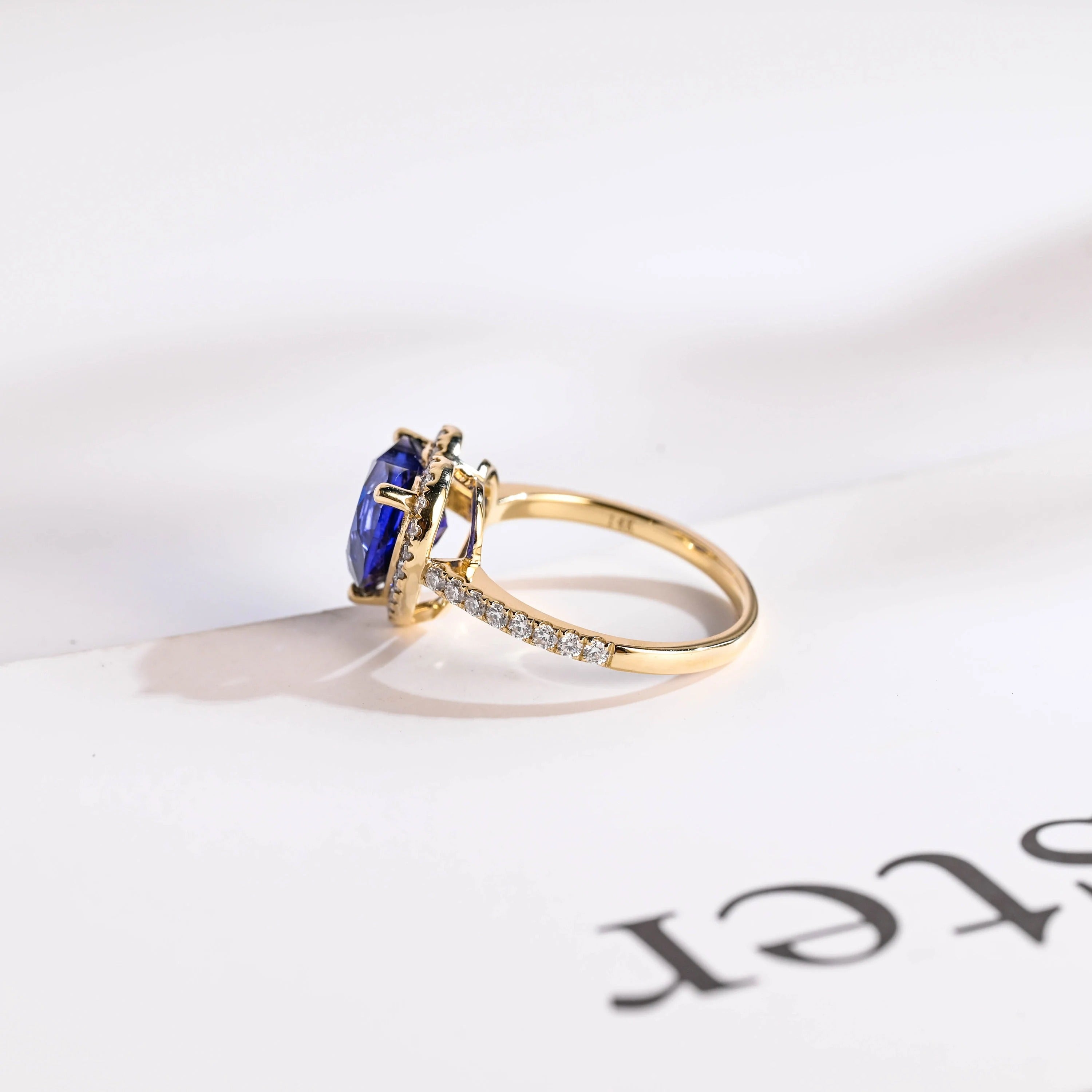 Solid Gold Heart Cut Moissanite Sapphire Engagement Ring with Halo