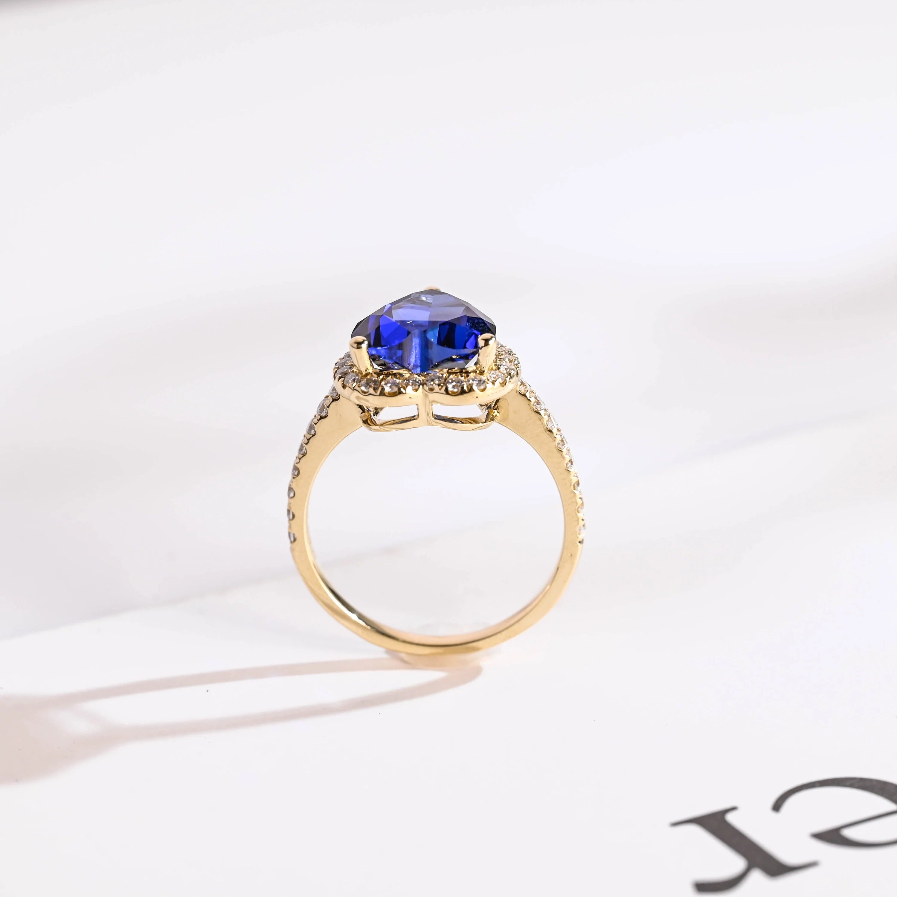 Solid Gold Heart Cut Moissanite Sapphire Engagement Ring with Halo