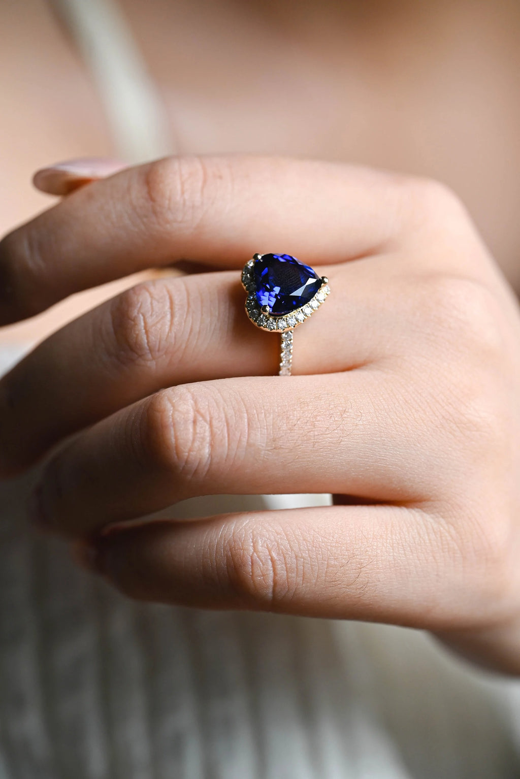 Solid Gold Heart Cut Moissanite Sapphire Engagement Ring with Halo