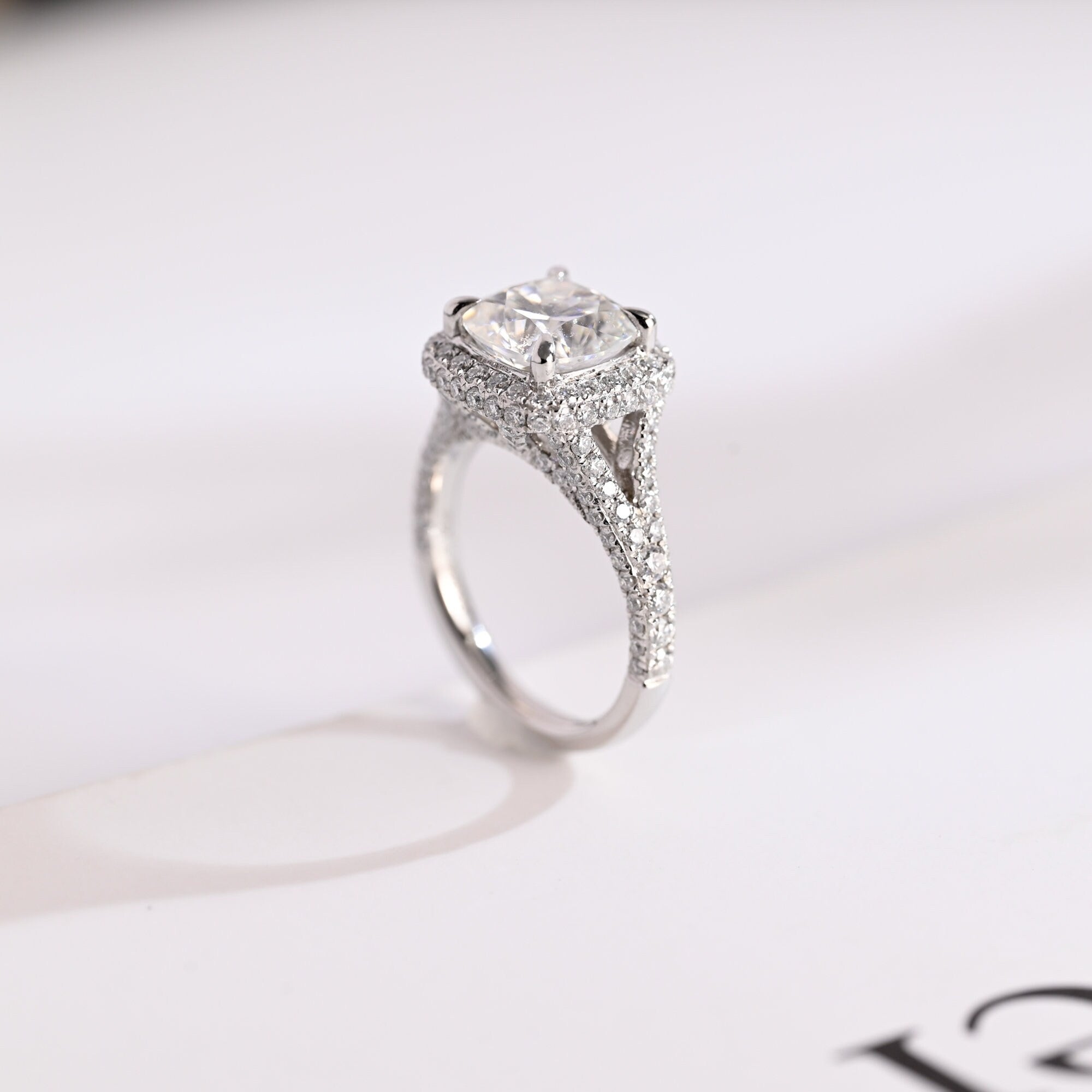 Solid Gold Cushion Cut Moissanite Engagement Ring, Proposal Ring