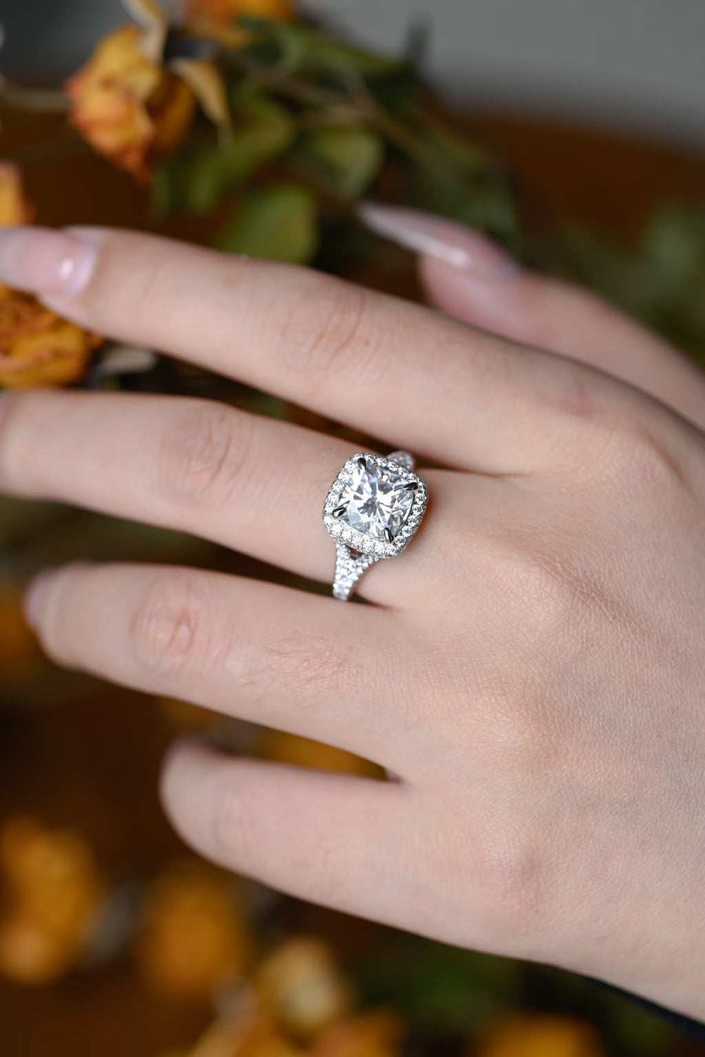 Solid Gold Cushion Cut Moissanite Engagement Ring, Proposal Ring