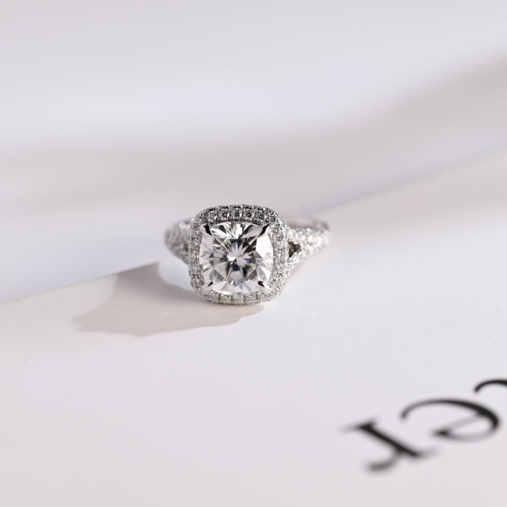 Solid Gold Cushion Cut Moissanite Engagement Ring, Proposal Ring