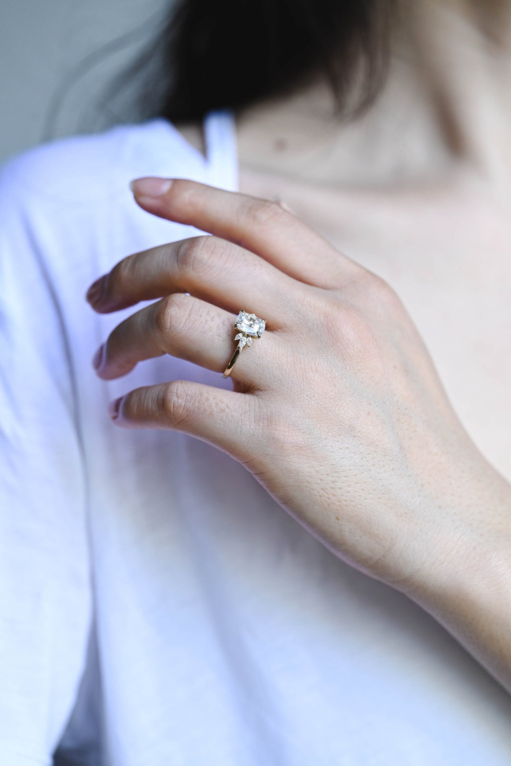Solid Gold Elongated Cushion Moissanite Engagement Ring, Promise Ring