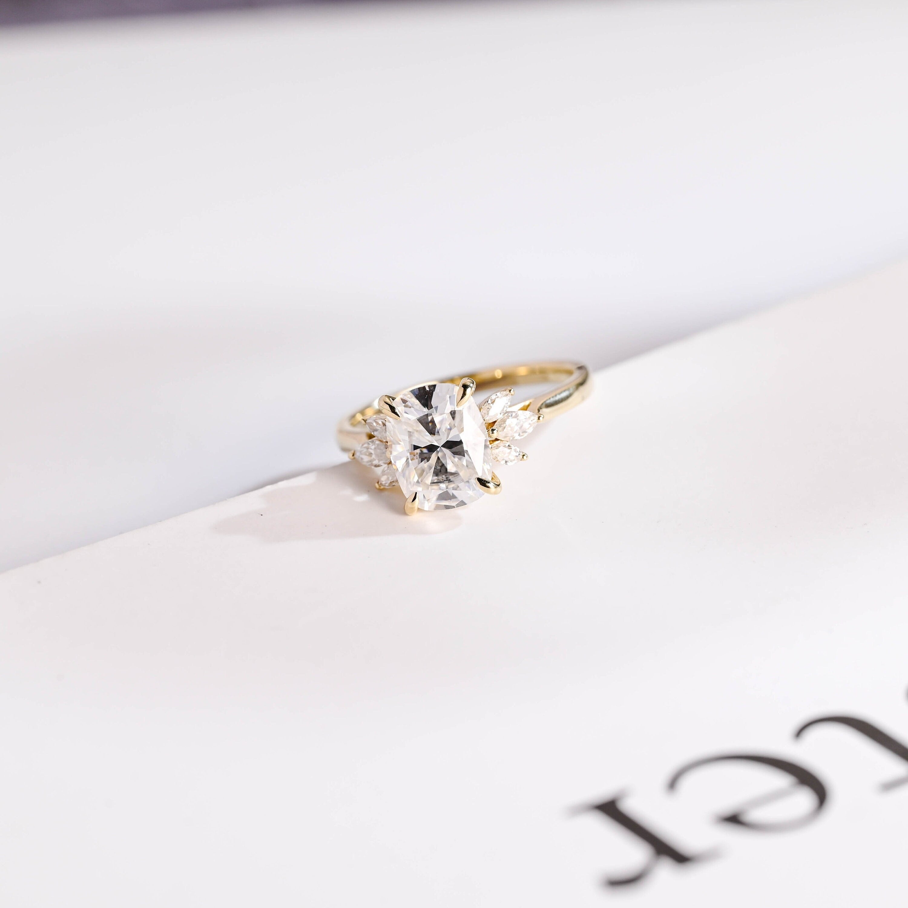 Solid Gold Elongated Cushion Moissanite Engagement Ring, Promise Ring Main image