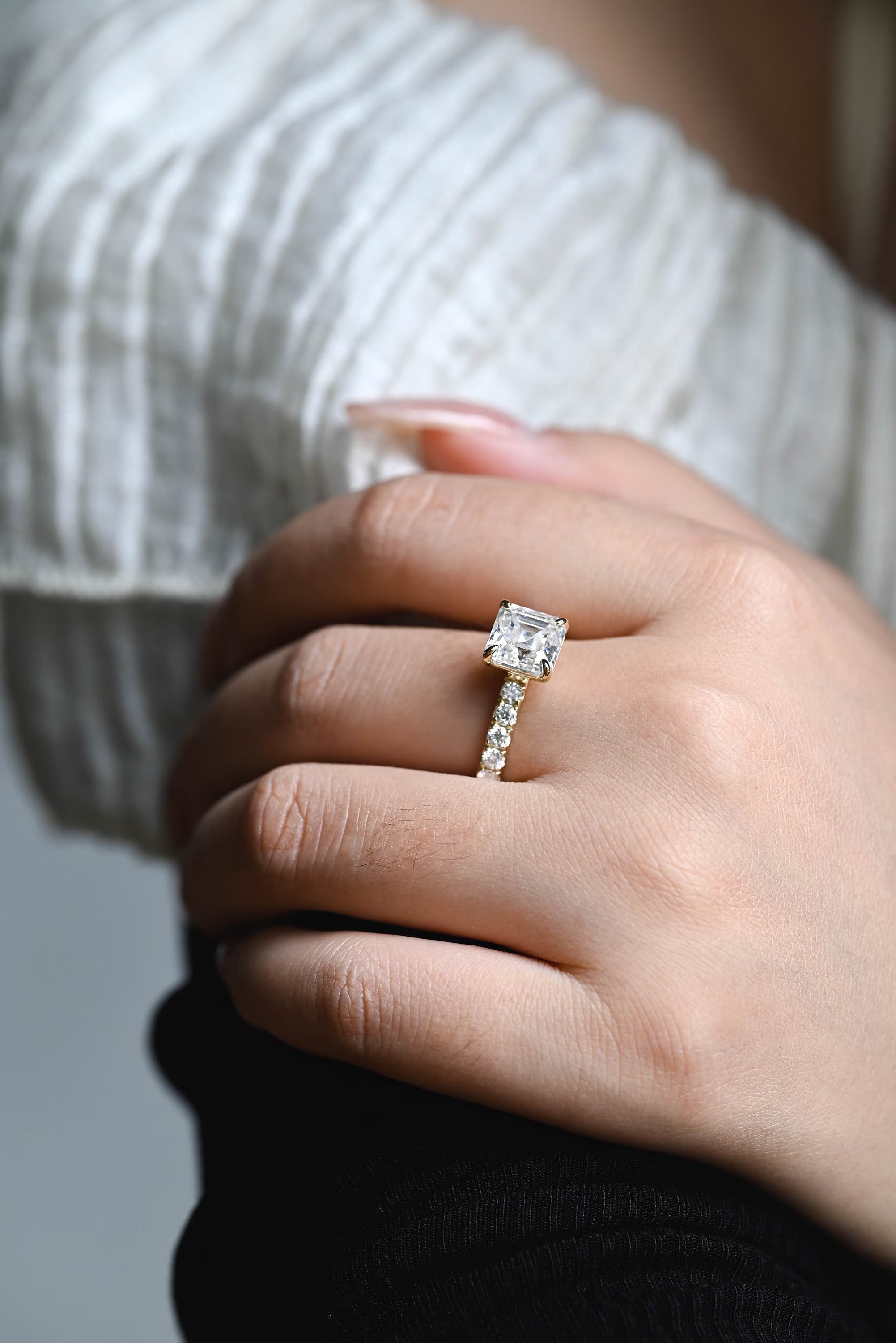 Solid Gold Asscher Cut Moissanite Engagement Ring, Promise Ring