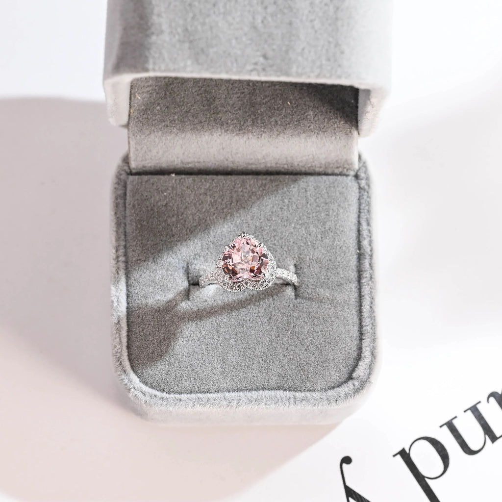 Solid Gold Heart Cut Pink Sapphire Engagement Ring with Double Halo, Statement Ring