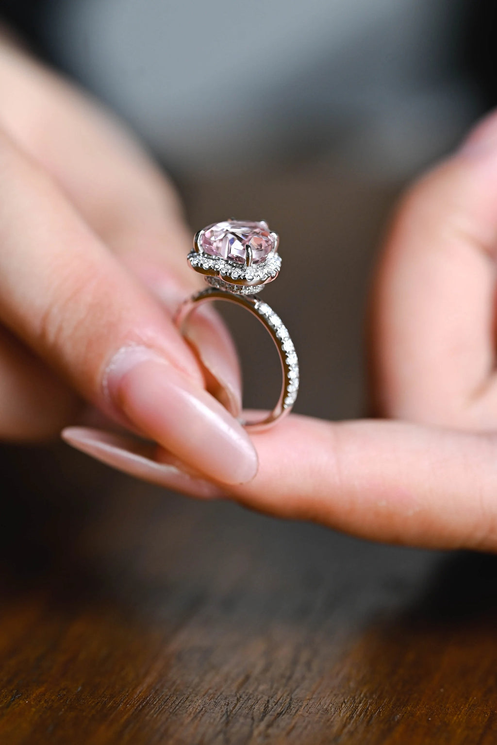 Solid Gold Heart Cut Pink Sapphire Engagement Ring with Double Halo, Statement Ring