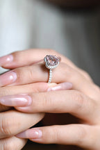 Solid Gold Heart Cut Pink Sapphire Engagement Ring with Double Halo, Statement Ring