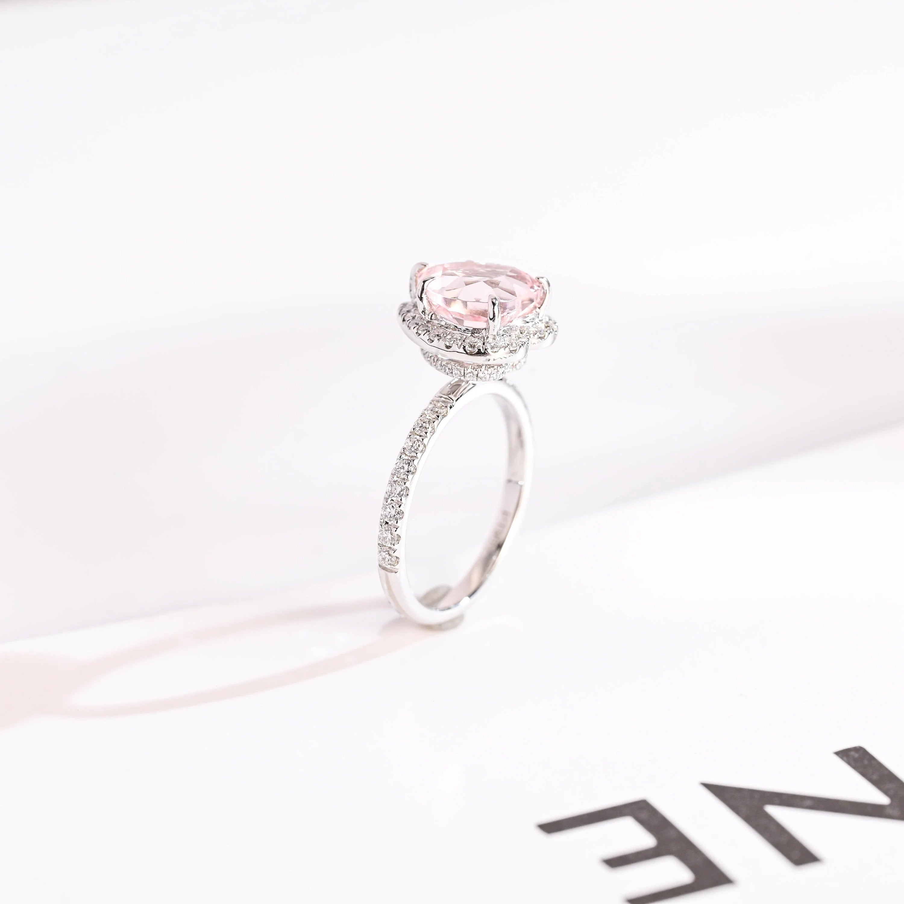 Solid Gold Heart Cut Pink Sapphire Engagement Ring with Double Halo, Statement Ring
