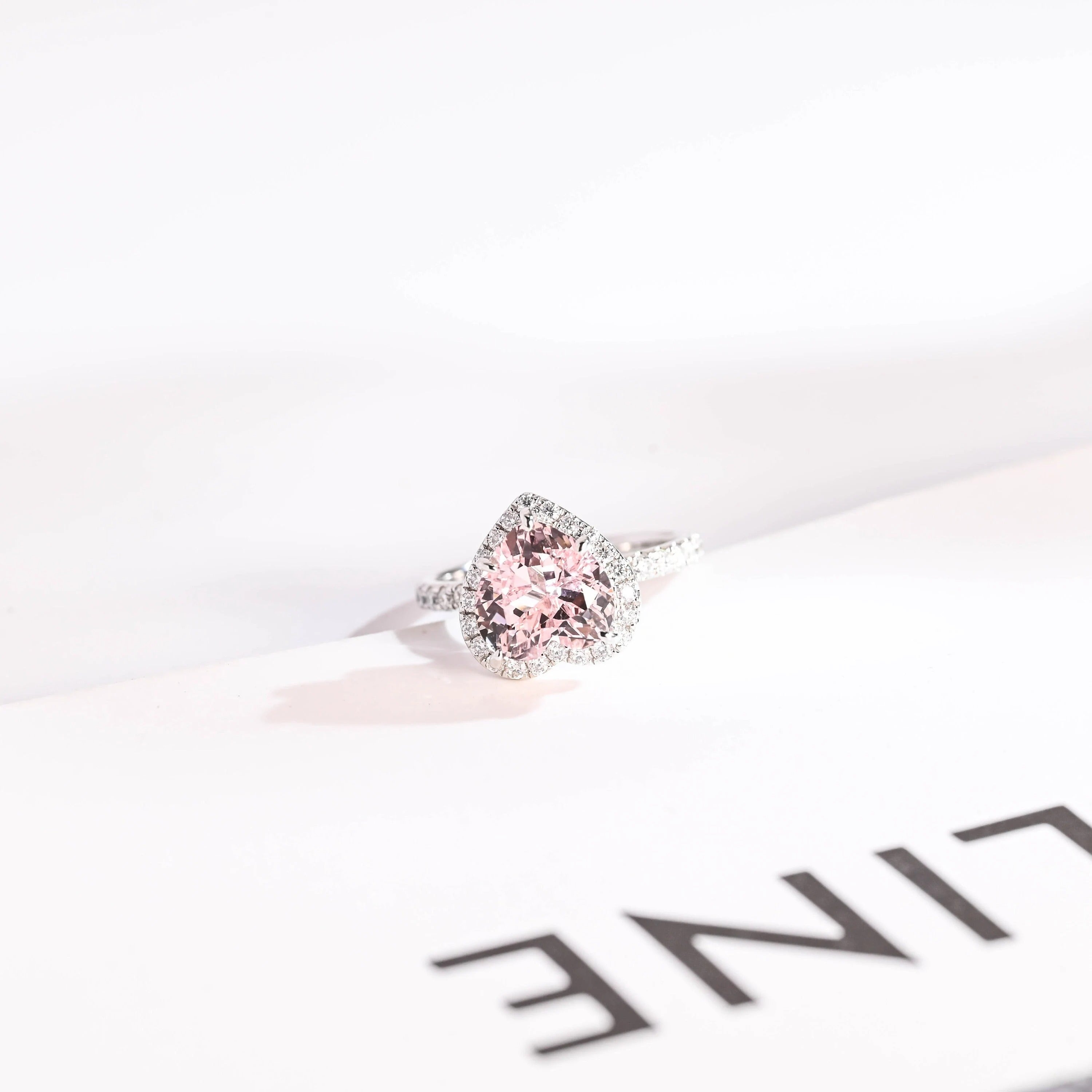Solid Gold Heart Cut Pink Sapphire Engagement Ring with Double Halo, Statement Ring Main image