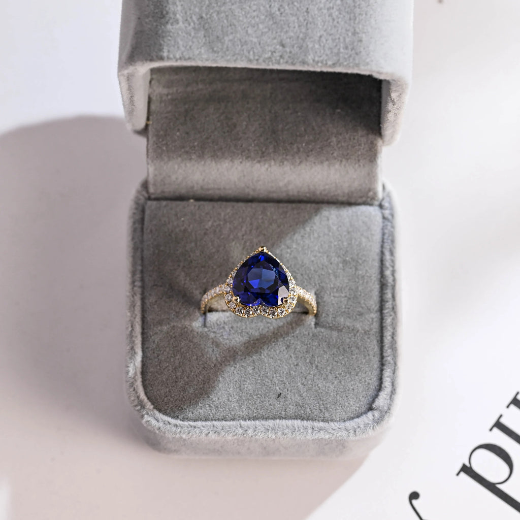 Solid Gold Heart Cut Moissanite Sapphire Engagement Ring with Halo