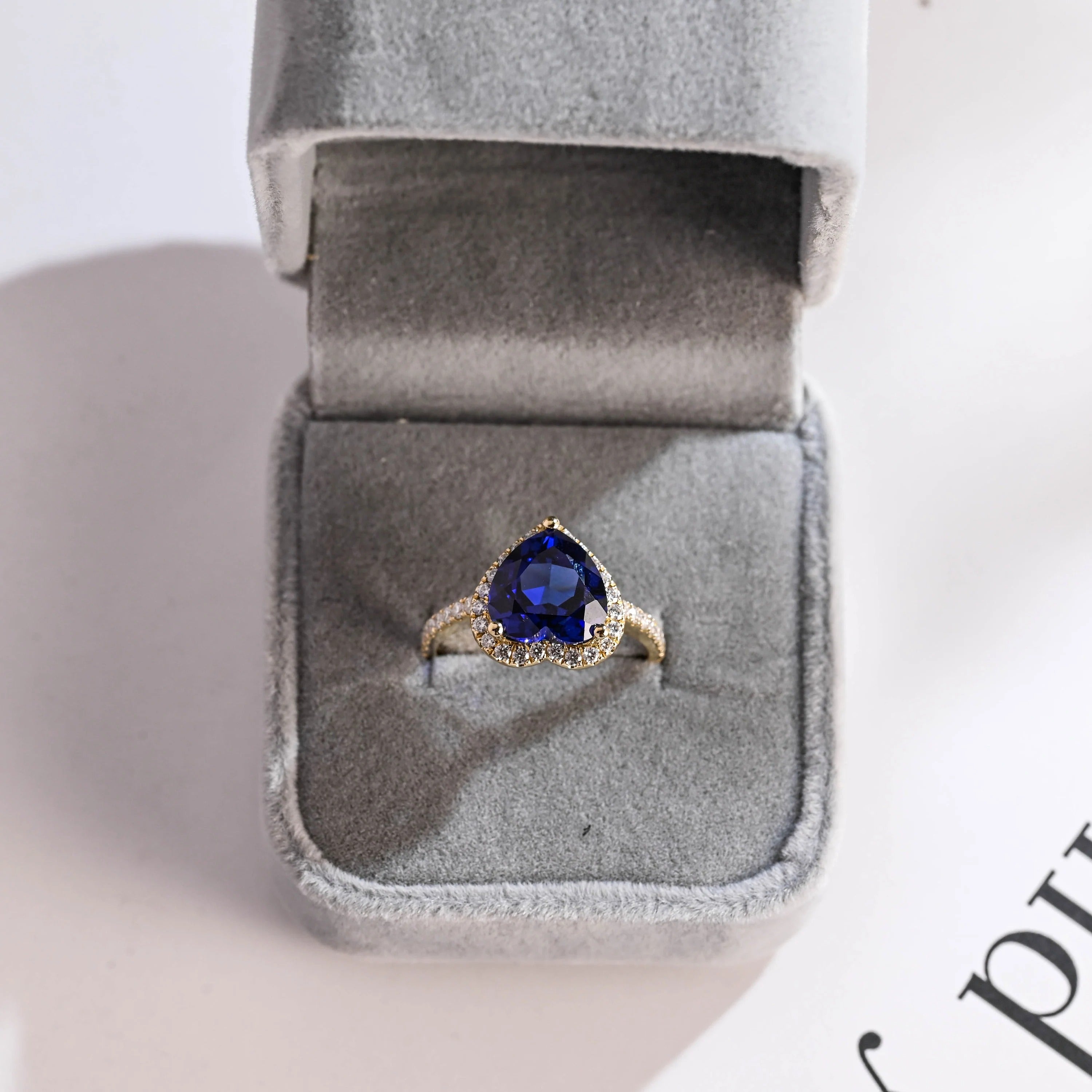 Solid Gold Heart Cut Moissanite Sapphire Engagement Ring with Halo